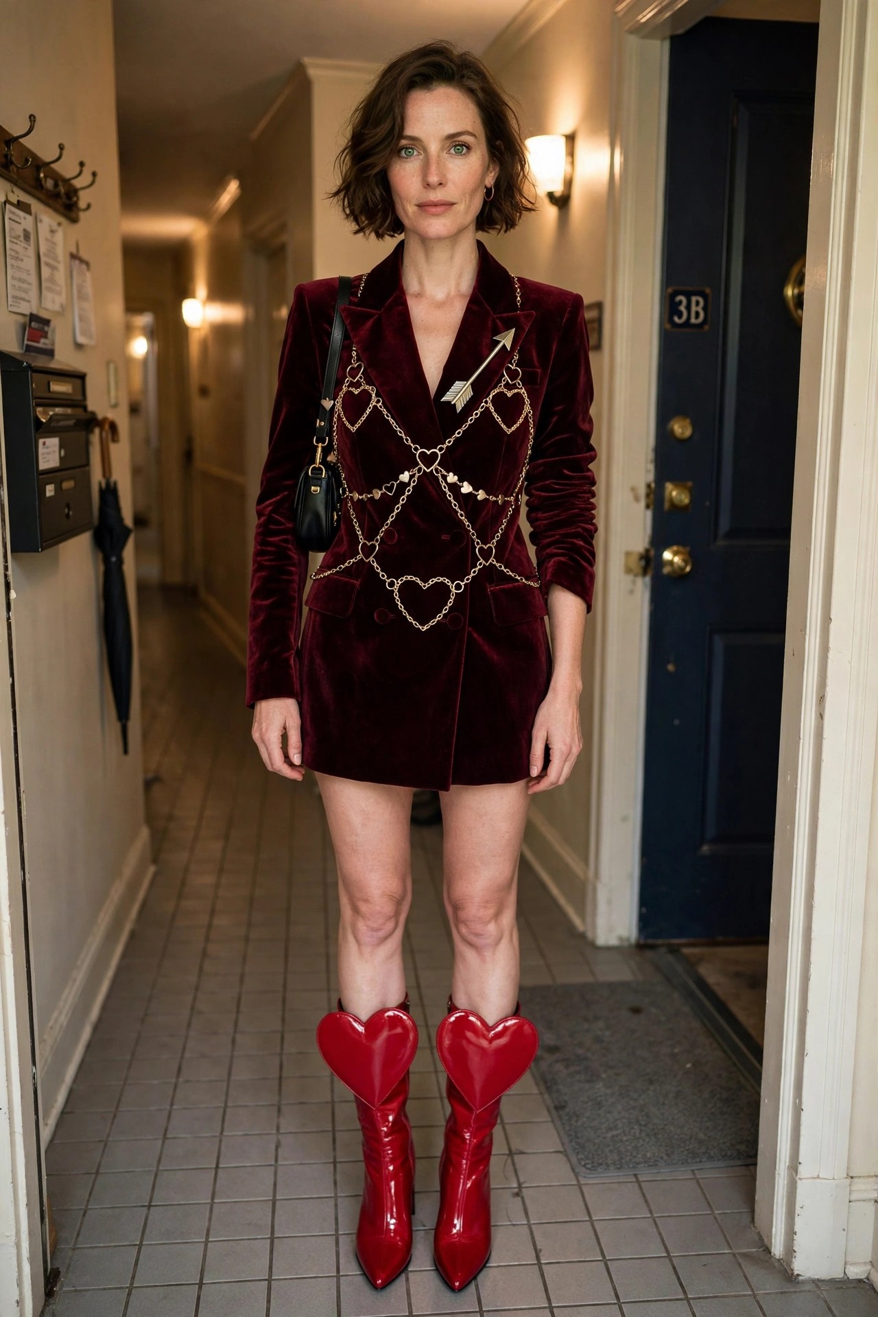Woman wearing a red velvet blazer mini dress with gold heart chains and arrow brooch paired with glossy red heart shaped boots as a Cupid costume.