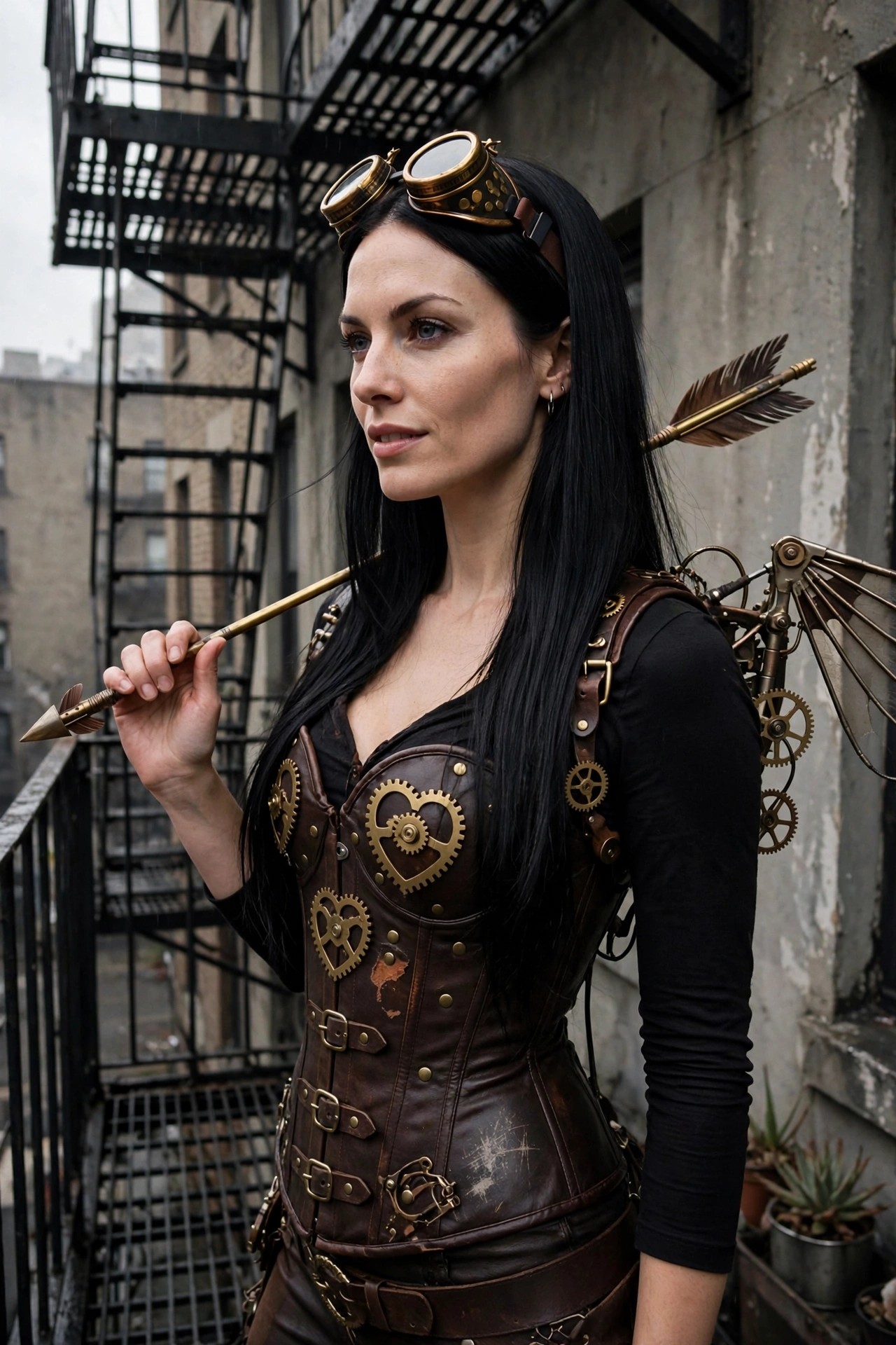 Woman wearing a brown leather corset with heart-shaped brass gears, holding a metal arrow, with mechanical wings and goggles on her head.