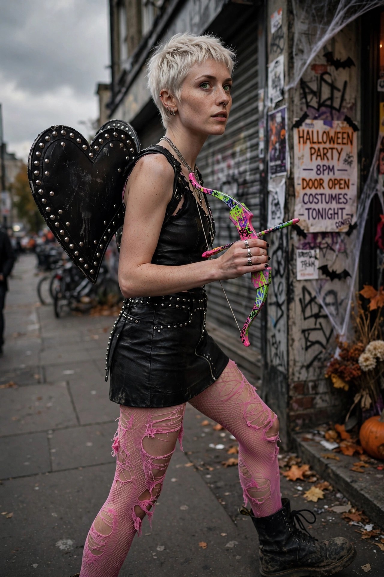 Woman wearing black studded heart shaped wings, black leather mini dress, studded belt, ripped pink fishnets, and holding a colorful toy bow and arrow as a Cupid costume.