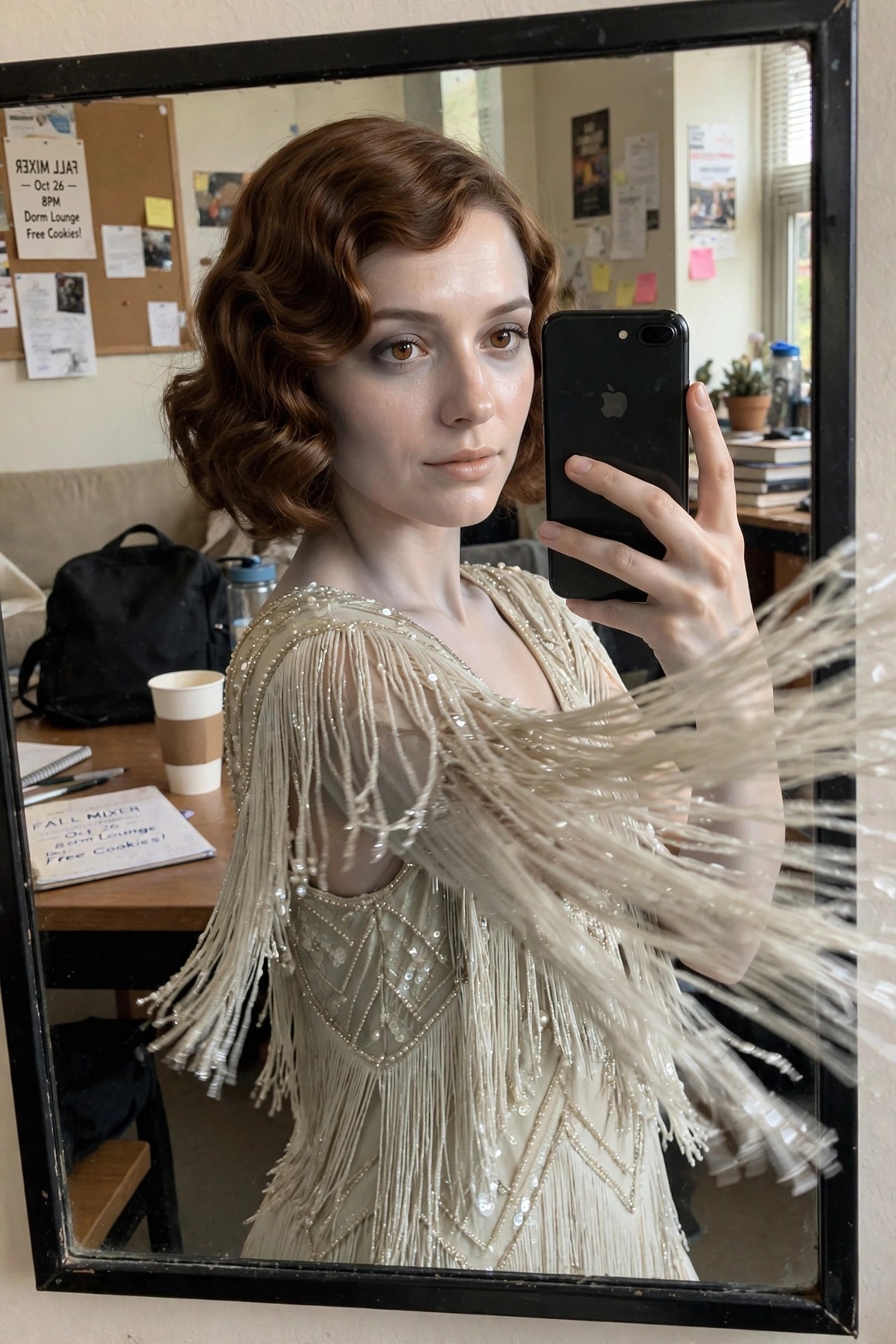 Woman wearing a pale fringed and beaded 1920s style dress with a short wavy brown bob taking a mirror selfie with a black phone.