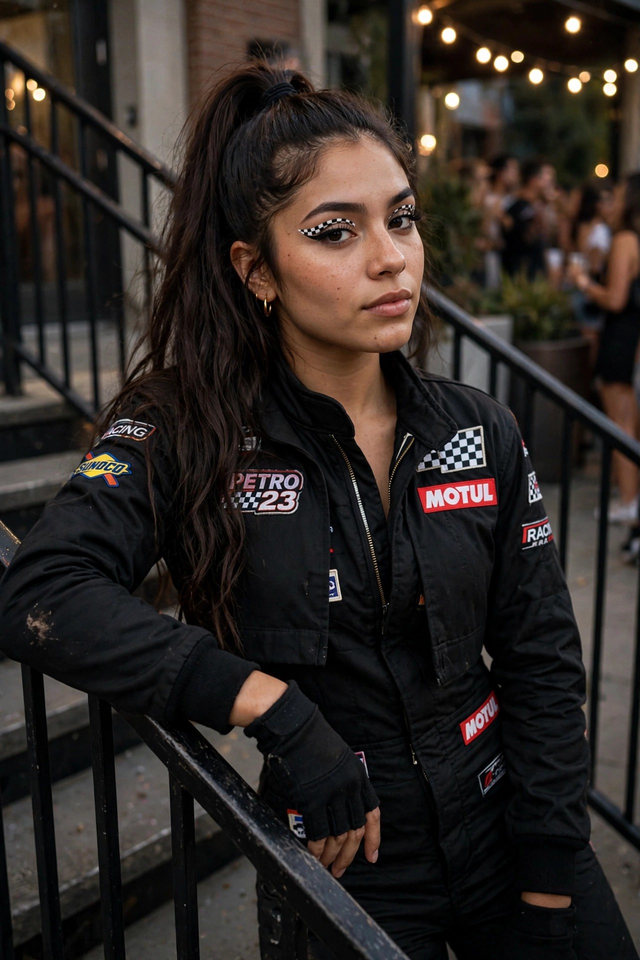 Woman in a black racing jumpsuit with sponsor patches and checkered flag eye makeup.