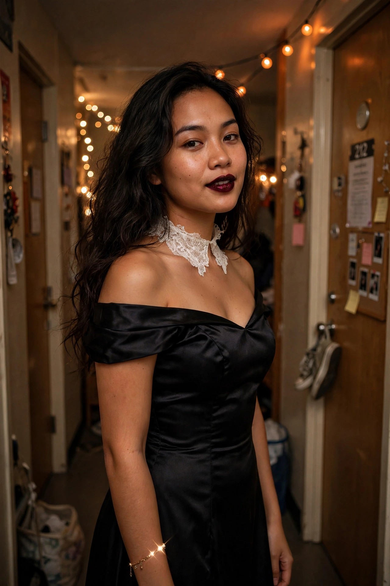Woman wearing a black off-shoulder satin dress with a white lace choker as a vampire costume.