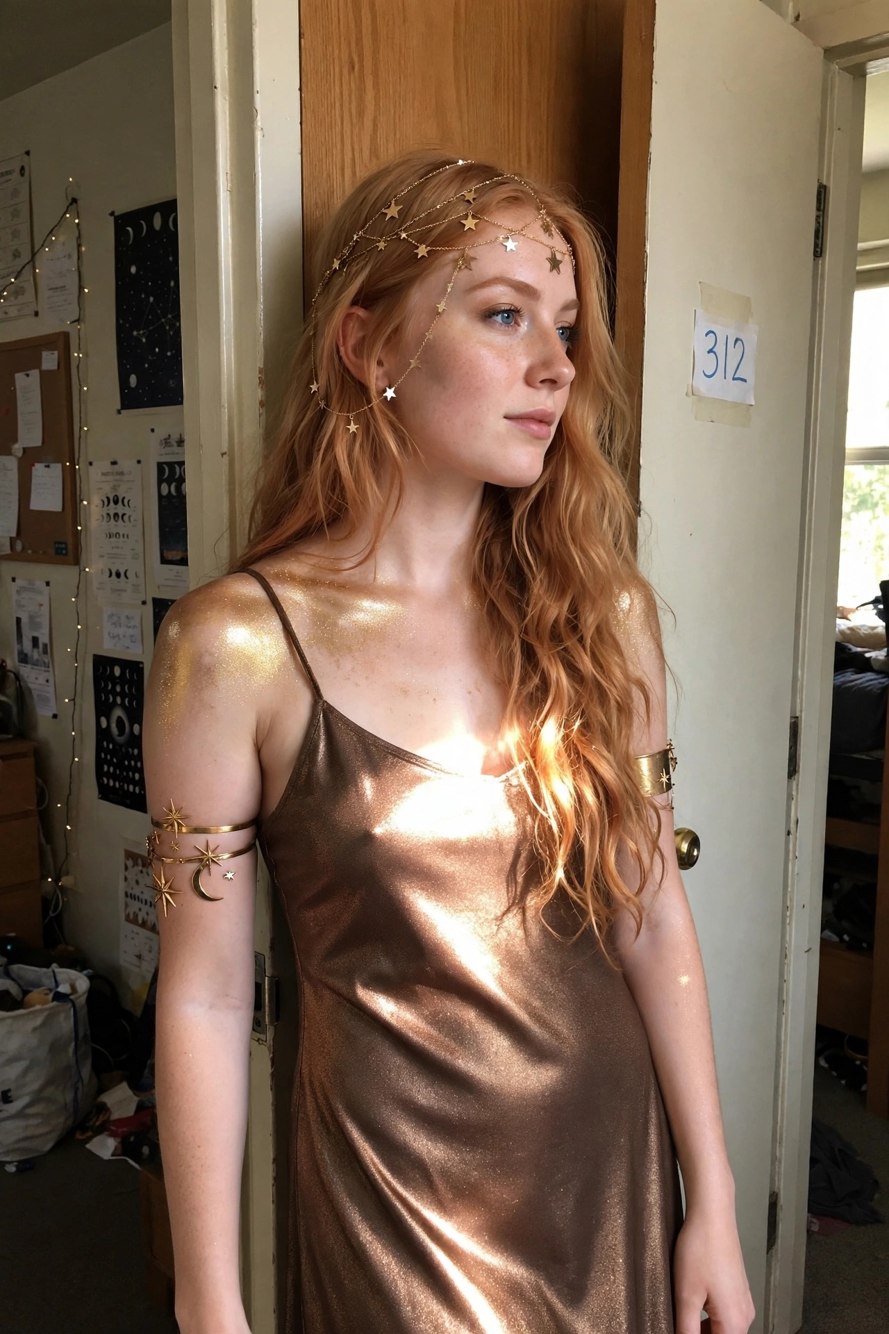 Young woman wearing a shiny bronze metallic slip dress with gold star and moon arm cuffs, a matching star head chain, and visible skin glitter for a celestial themed costume.