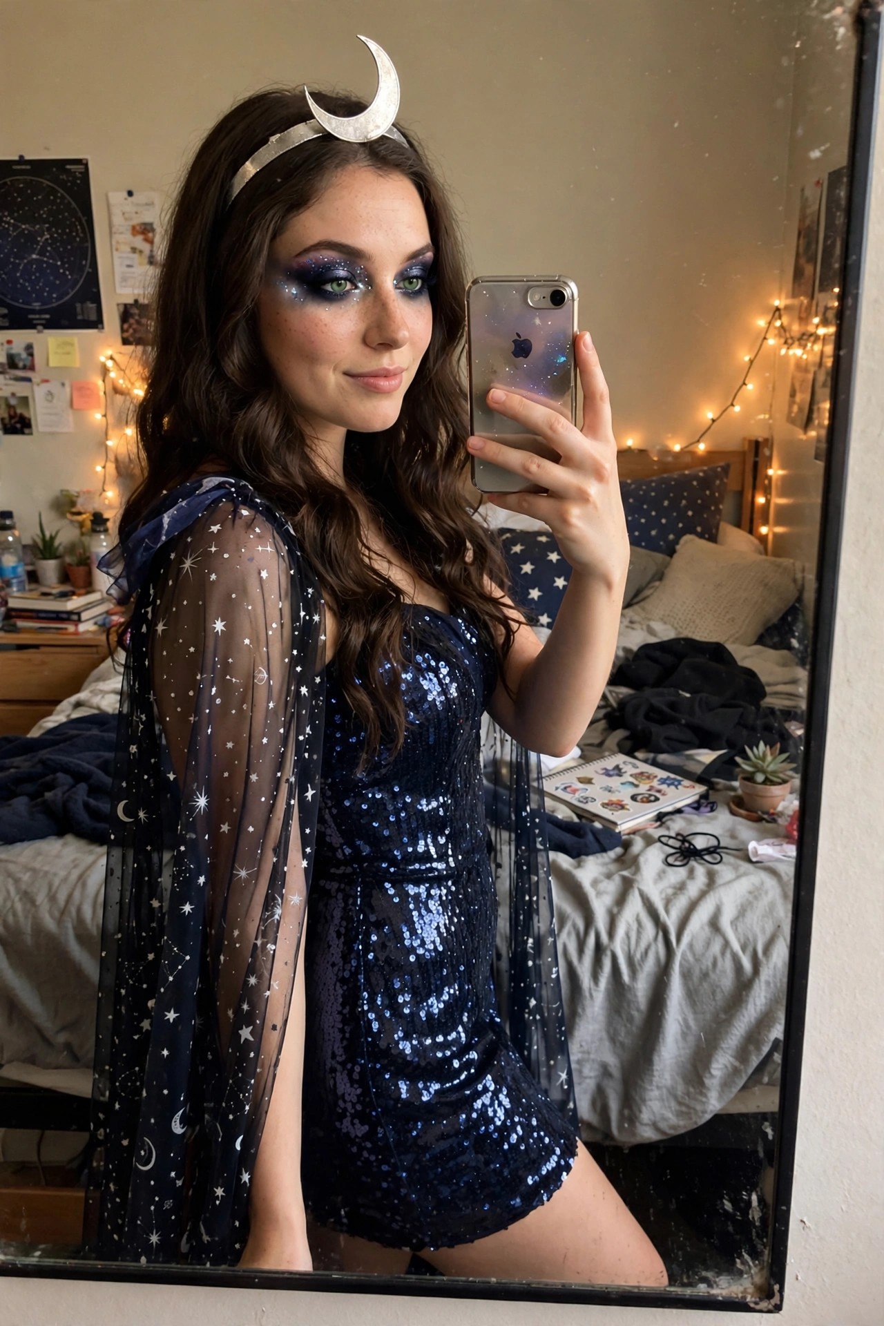 Young woman wearing a short blue sequin dress with a sheer black cape printed with white stars and moons, plus a large silver crescent moon headband, taking a mirror selfie.