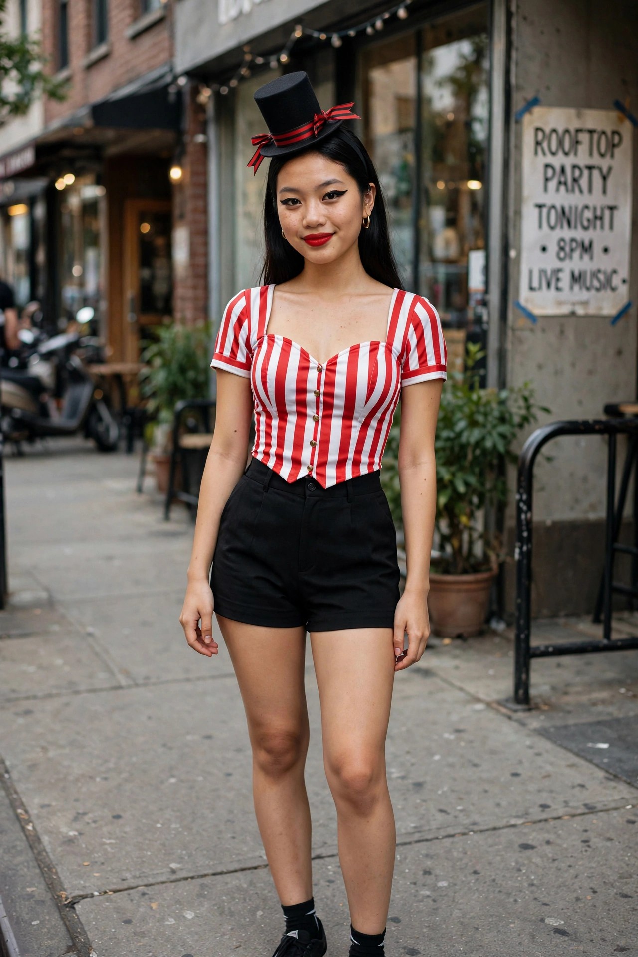 Woman wearing a red and white striped corset top with short sleeves, black shorts, and a small black top hat with red ribbon, styled as a circus ringmaster costume.