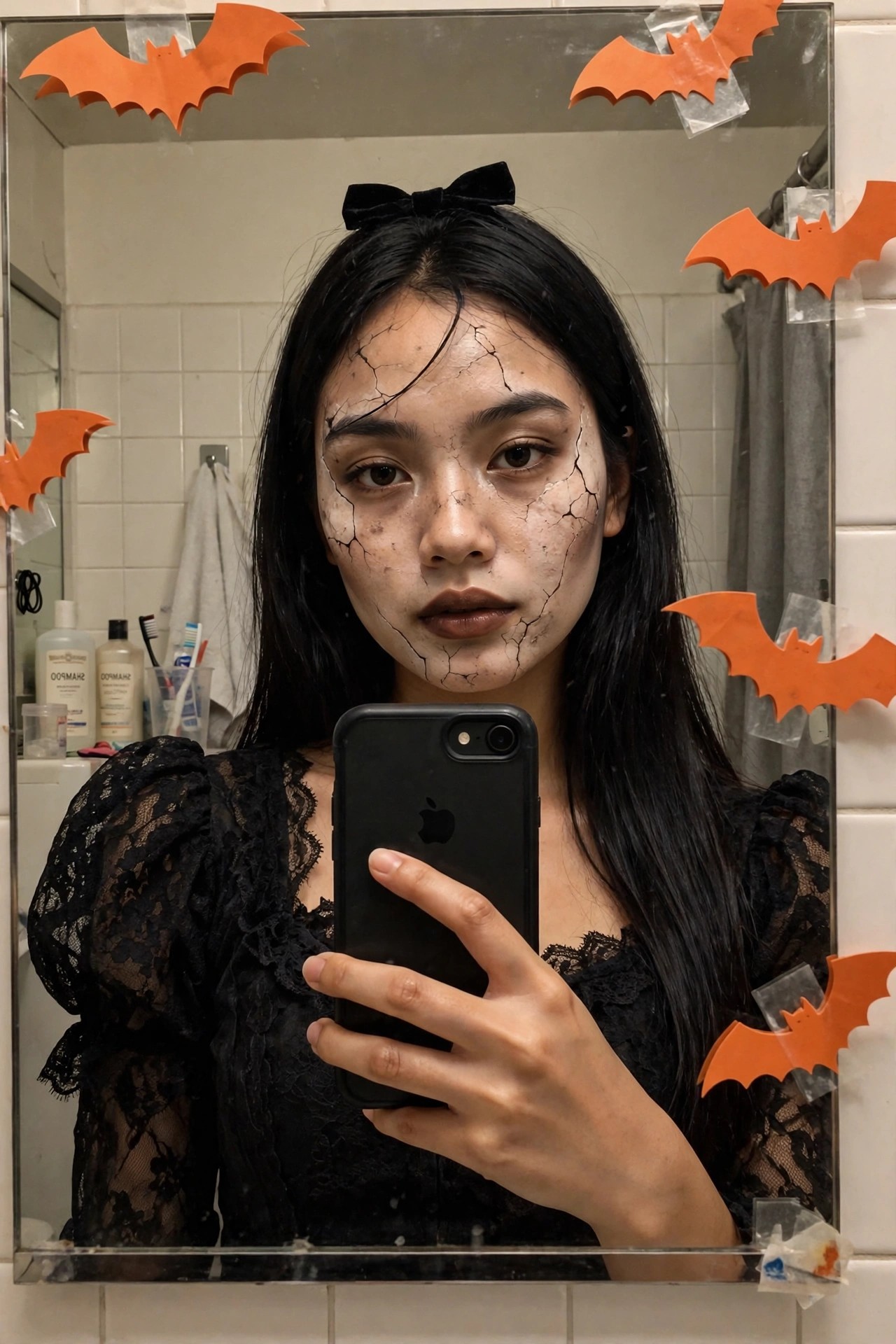 Woman wearing cracked porcelain doll face paint with black lace top and black velvet bow in hair, holding a phone in a bathroom mirror.
