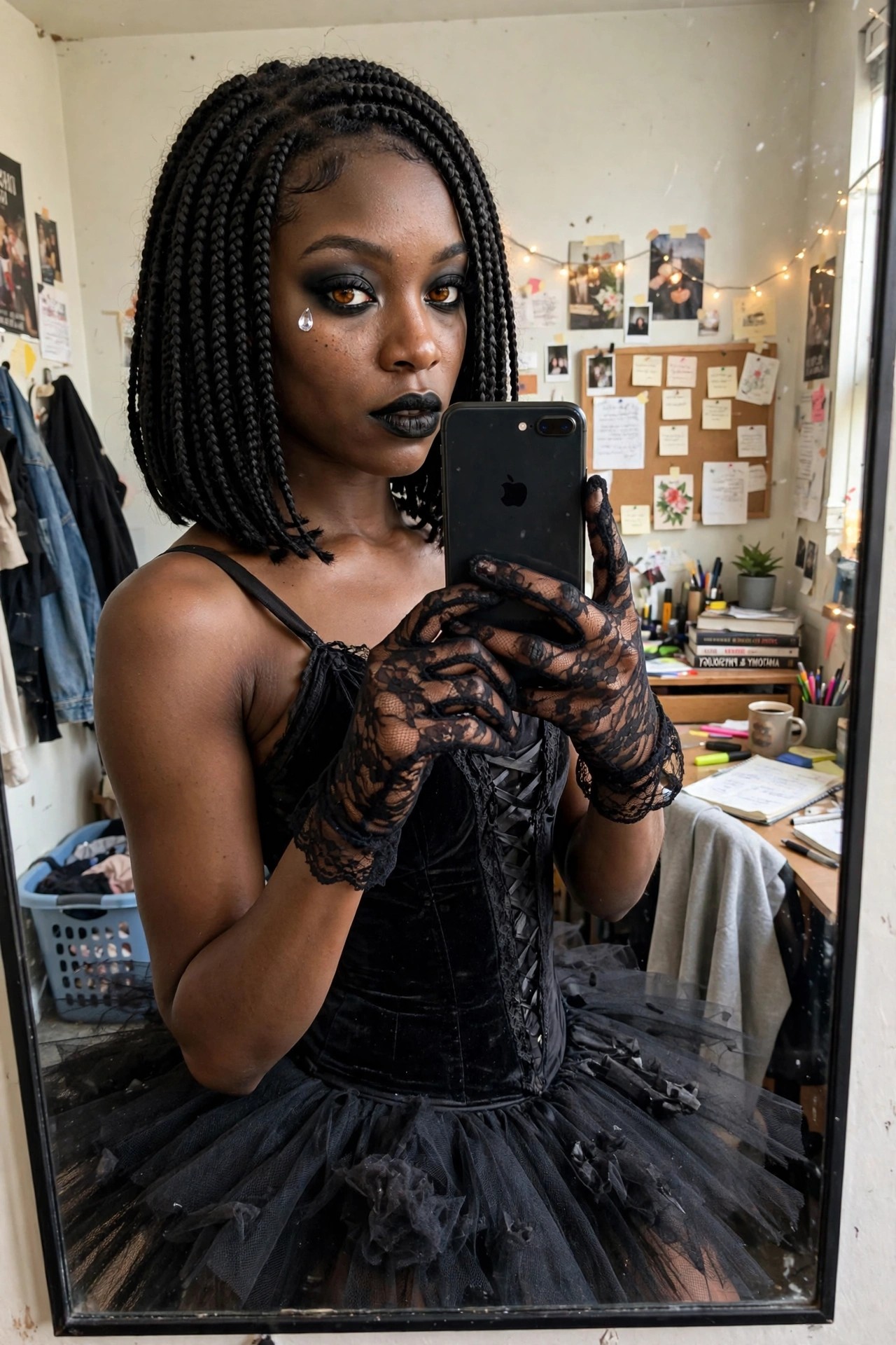 Woman wearing a black velvet corset and layered black tulle tutu with lace gloves and black braided bob hairstyle for a gothic ballerina Halloween costume.
