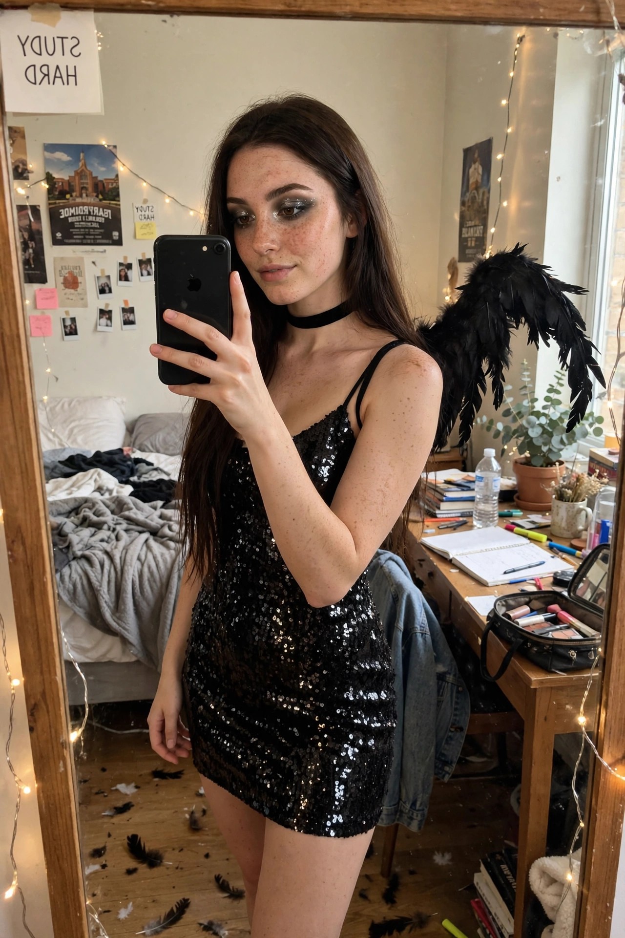 Young woman in a short black sequin dress wearing large black feathered wings and dark glitter eye makeup while taking a mirror selfie.