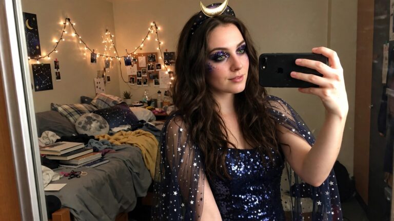 Young woman wearing a short blue sequin dress with a sheer black cape printed with white stars and moons, plus a large silver crescent moon headband, taking a mirror selfie.