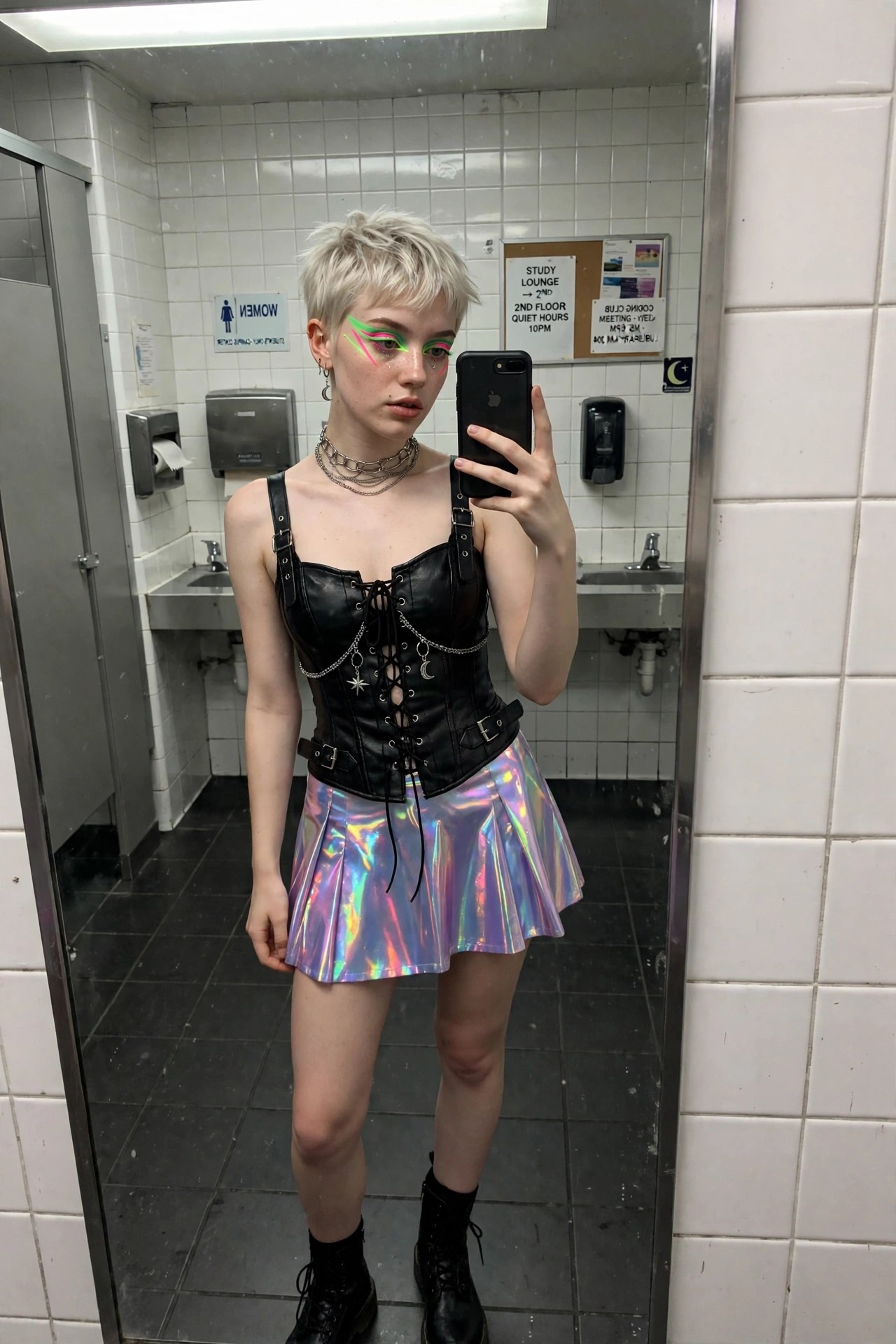 Woman wearing black corset with chains and lacing paired with a short iridescent rainbow pleated skirt, black boots, short platinum hair, and neon green eye makeup.