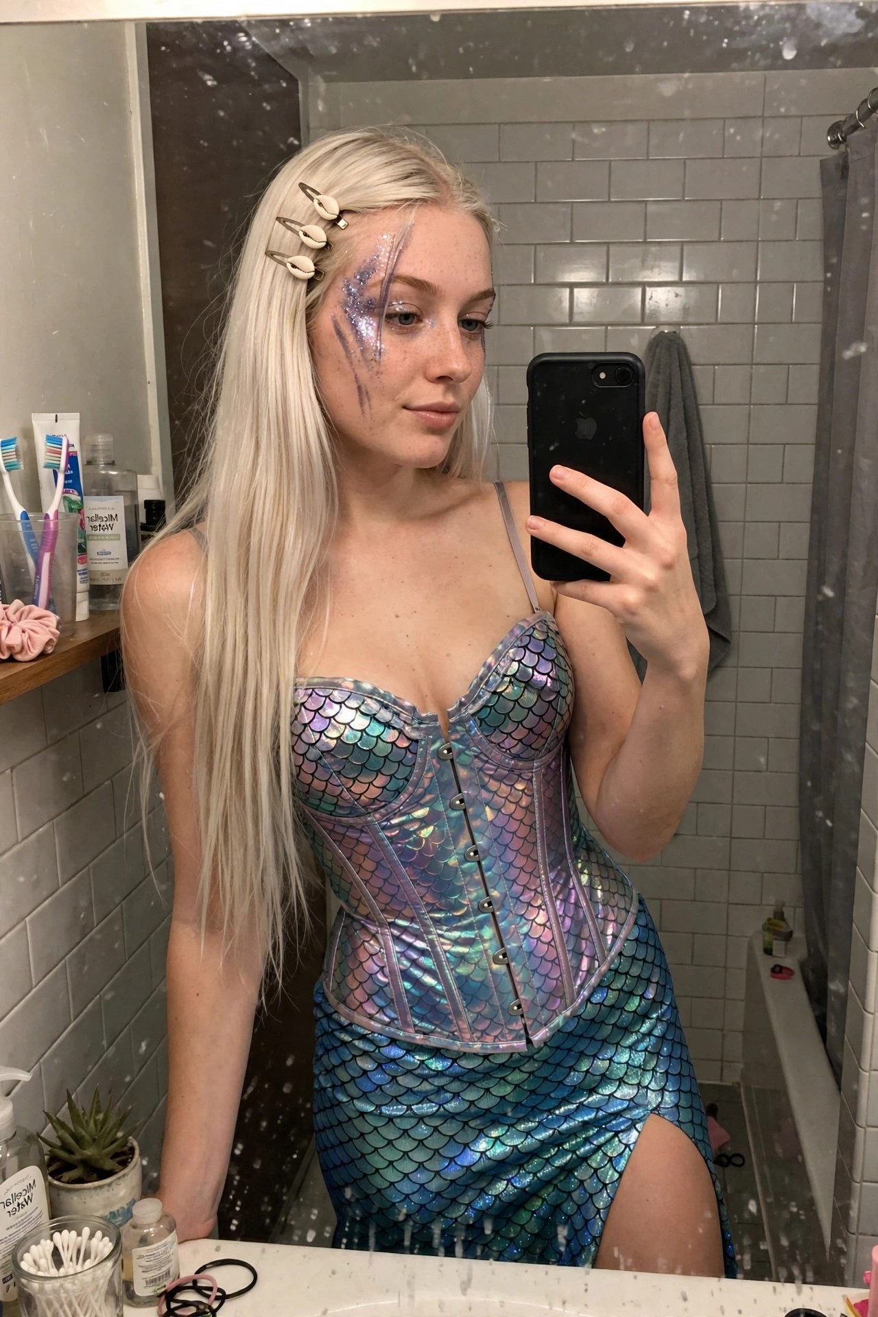 Woman wearing an iridescent scale patterned mermaid corset top and matching skirt with shell hair clips and glitter makeup.