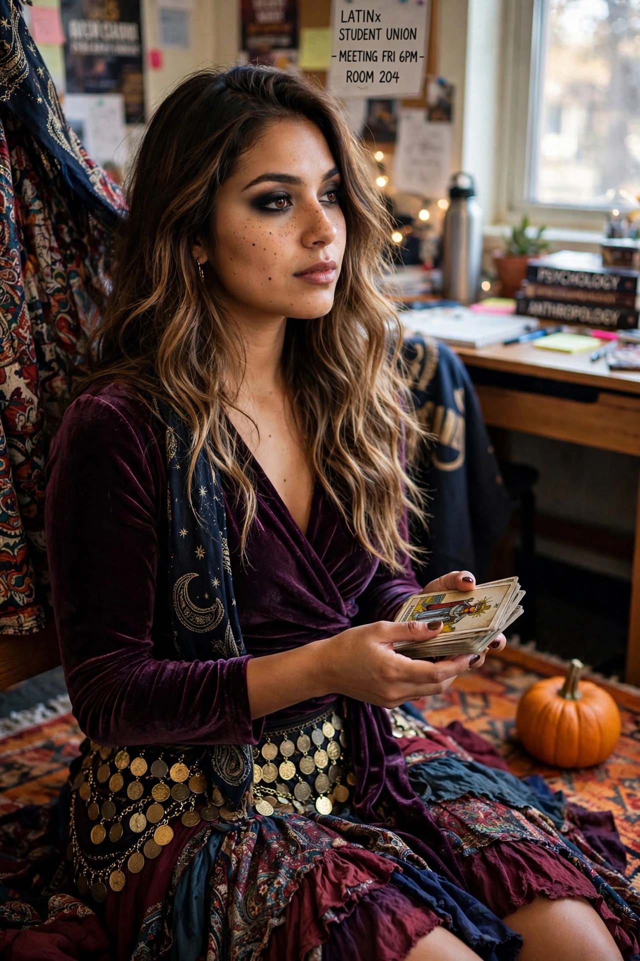 Woman wearing a purple velvet wrap top with celestial scarf and coin belt while holding a deck of tarot cards for a fortune teller Halloween costume.