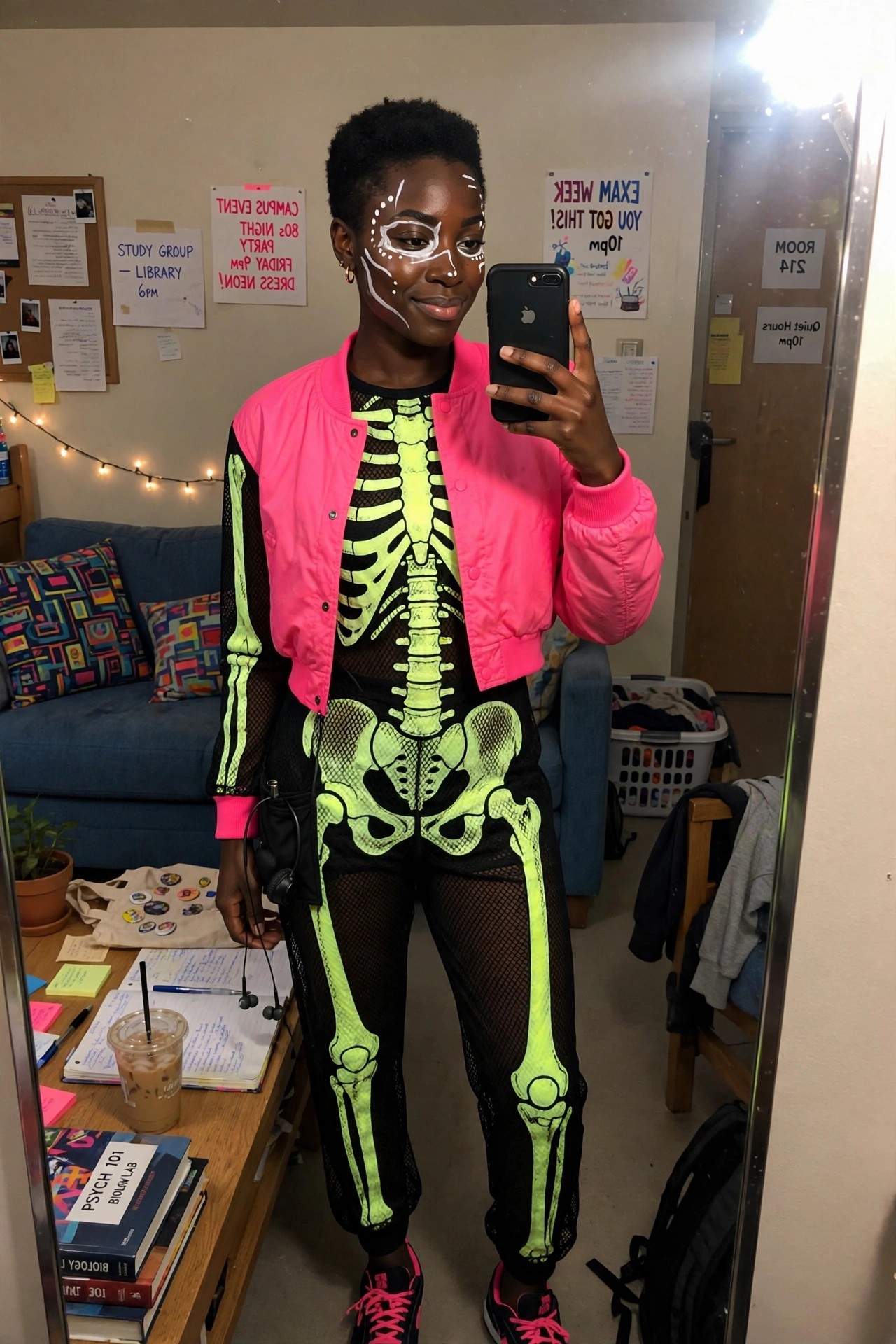 Person wearing neon green skeleton print on black mesh with pink bomber jacket and matching sneakers, plus white skull face paint.