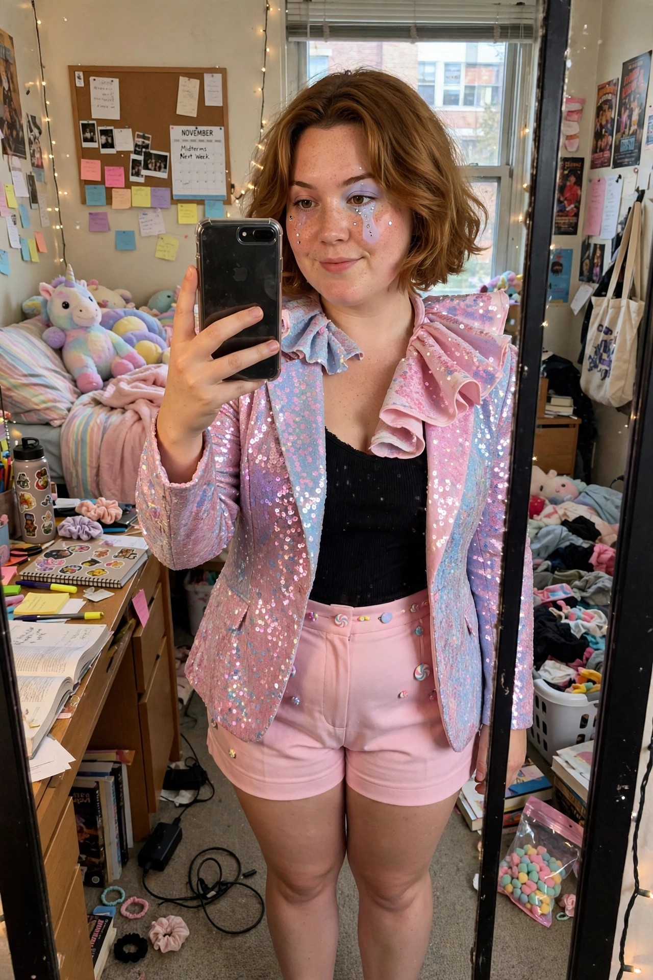 Woman wearing a pink and blue sequined blazer with large ruffle collar and pink shorts decorated with candy pins, paired with pastel tear face makeup and glitter.