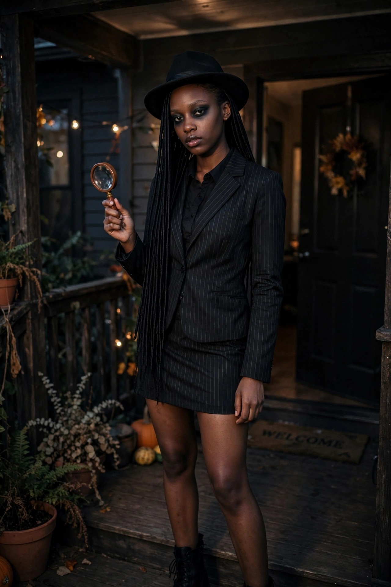 Woman wearing a black pinstripe blazer and mini skirt with a black hat while holding a magnifying glass, styled as a detective costume.