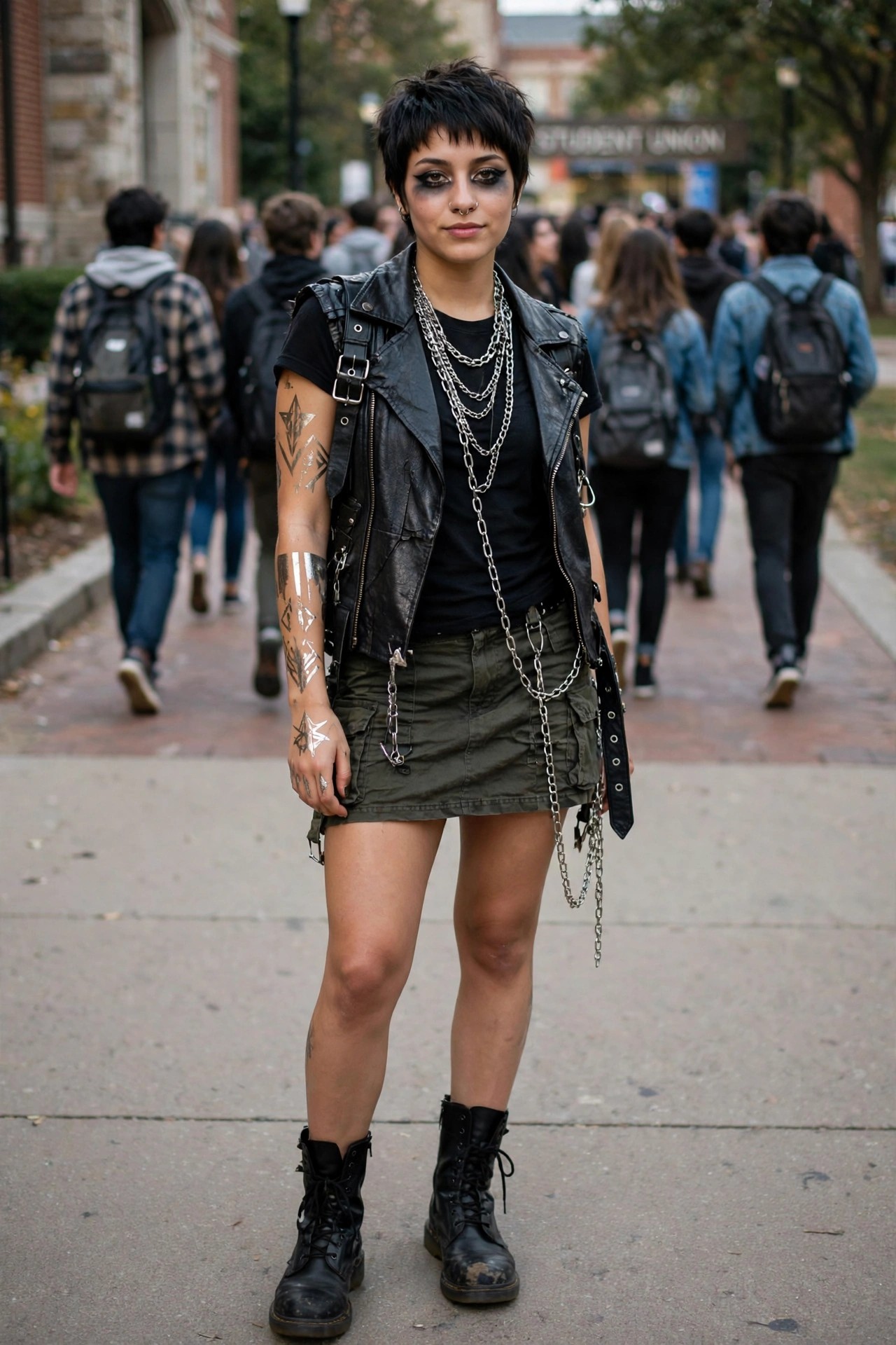 A person wearing a punk rock Halloween costume with a black leather vest covered in chains and zippers, black t-shirt, olive cargo mini skirt, black combat boots, and silver metallic body paint designs on the arms along with dark eye makeup.