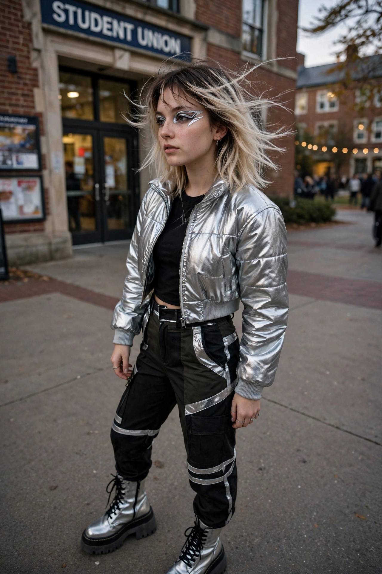 Young woman wearing a silver metallic puffer jacket, black and silver cargo pants, and matching silver combat boots with graphic silver eye makeup.
