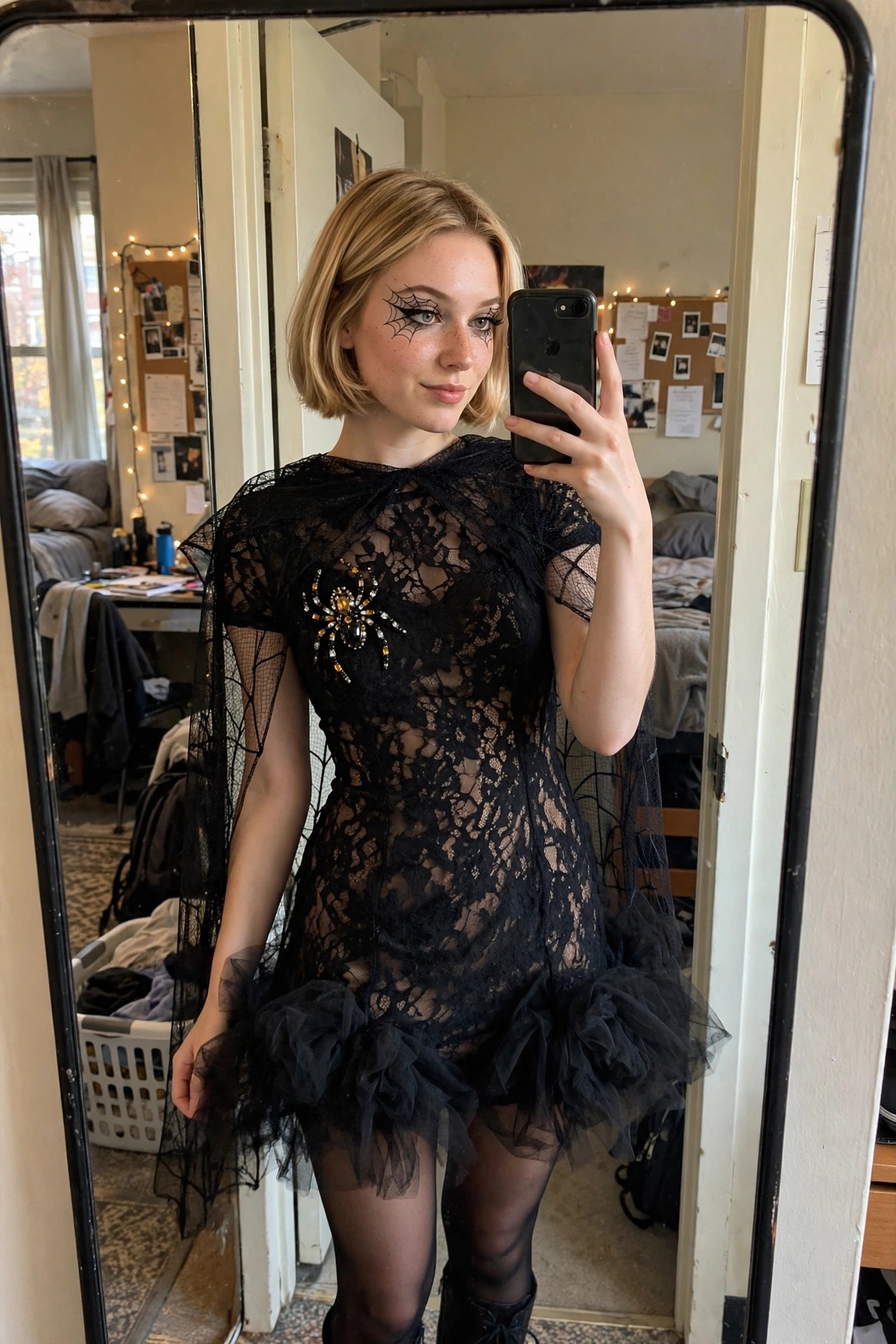 Woman in black lace spiderweb dress with jeweled spider brooch, sheer web sleeves, tulle hem, and spiderweb eye makeup.