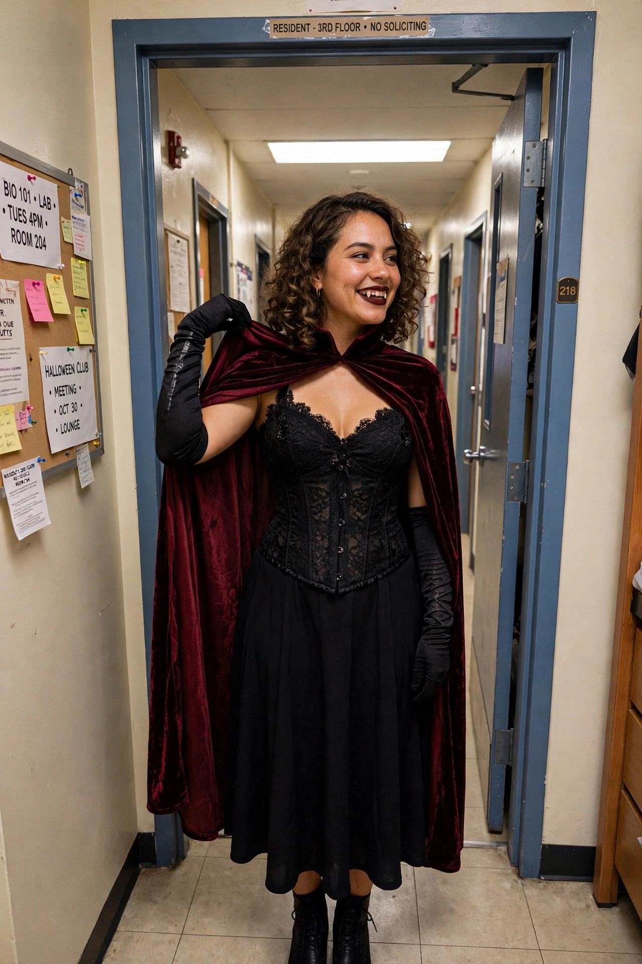 Woman wearing a red velvet cape over a black lace corset and long black skirt with matching gloves in a dorm hallway.