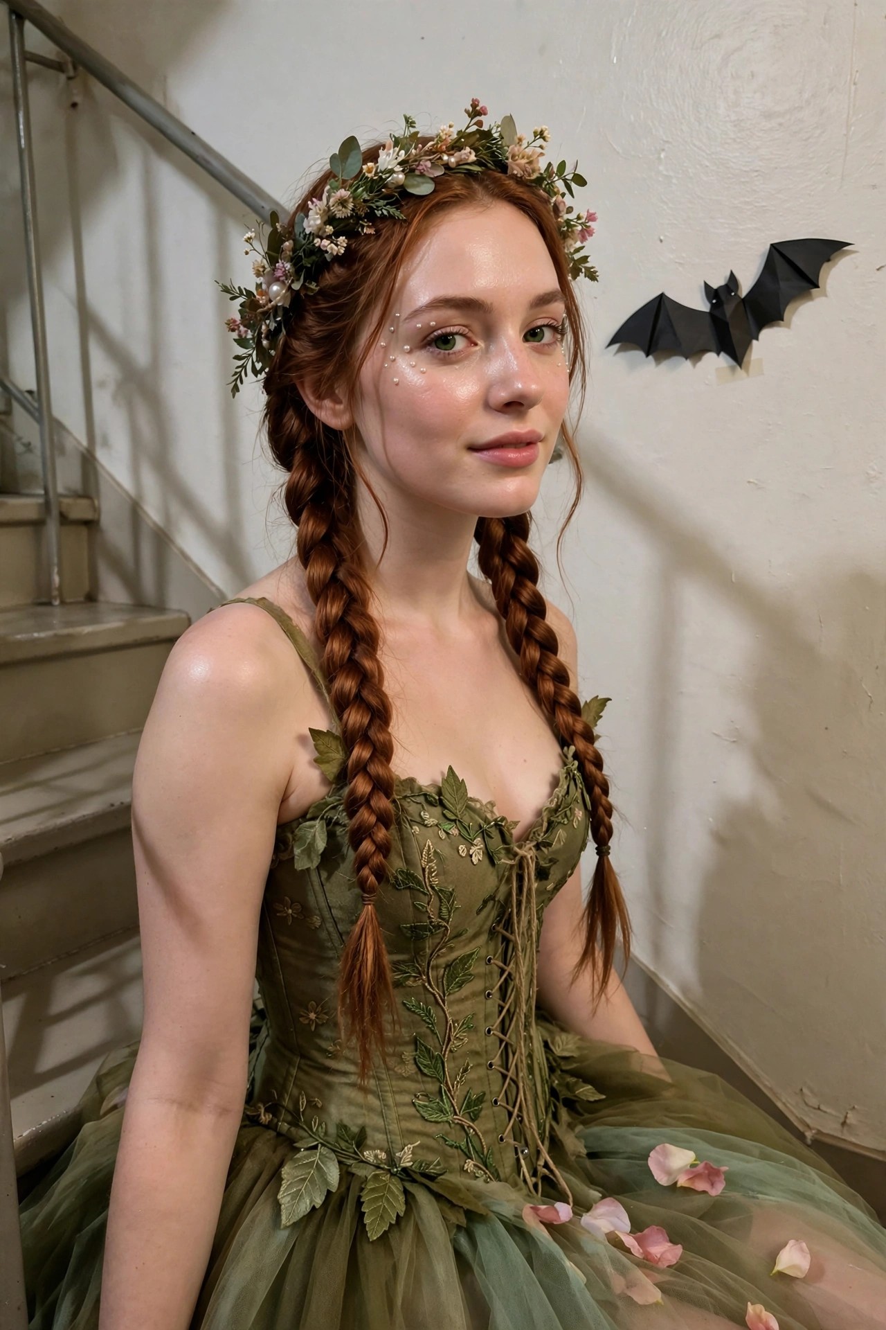 Young woman wearing an olive green corset dress with leaf embroidery and tulle skirt, paired with a flower crown and two braids, seated on stairs.