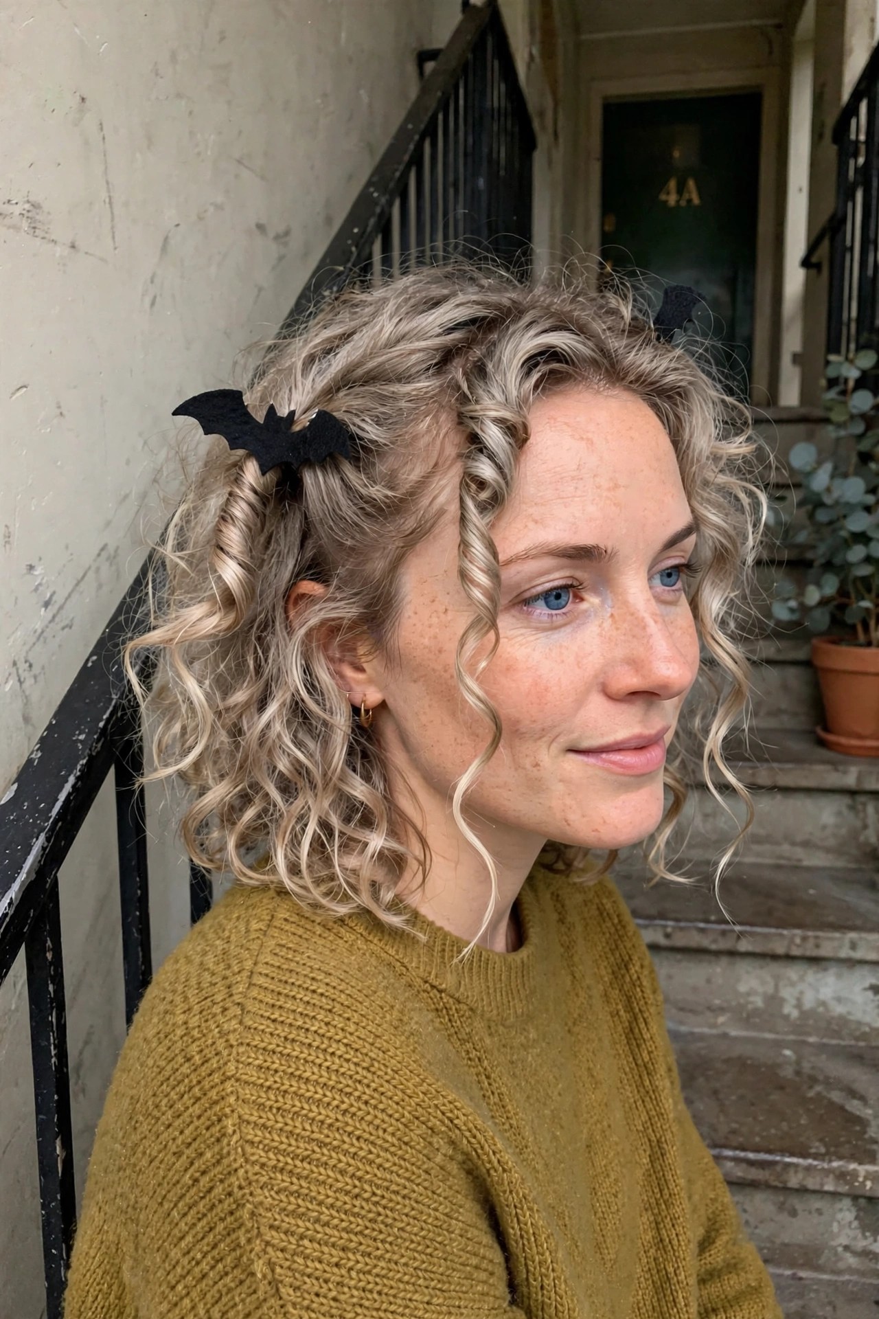 curly ash blonde hair with two black felt bat clips placed on either side, loose waves falling around the face and shoulders