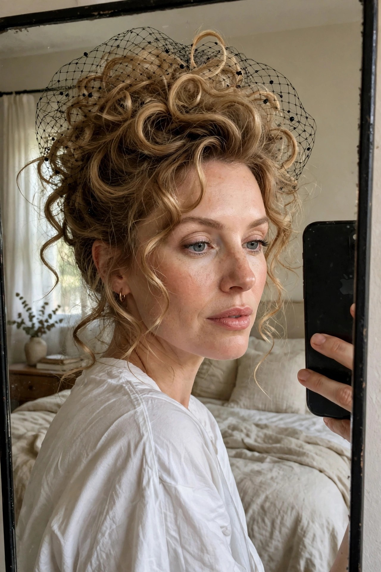 Curly blonde updo with black birdcage veil netting draped over the top, shown from the side in a mirror selfie.