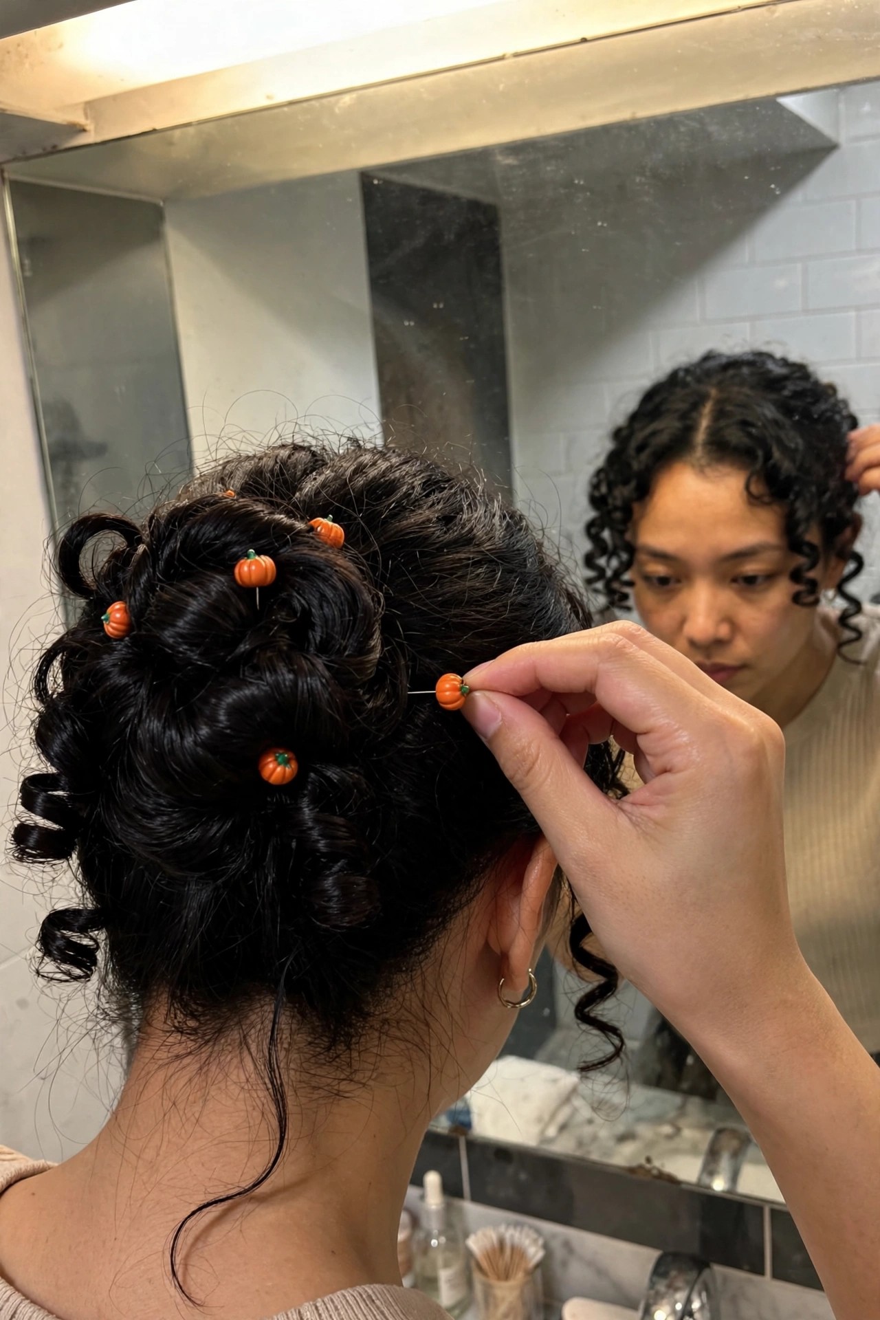 Back view of dark curly hair in an updo secured with small orange pumpkin pins, with a mirror reflection showing the front.