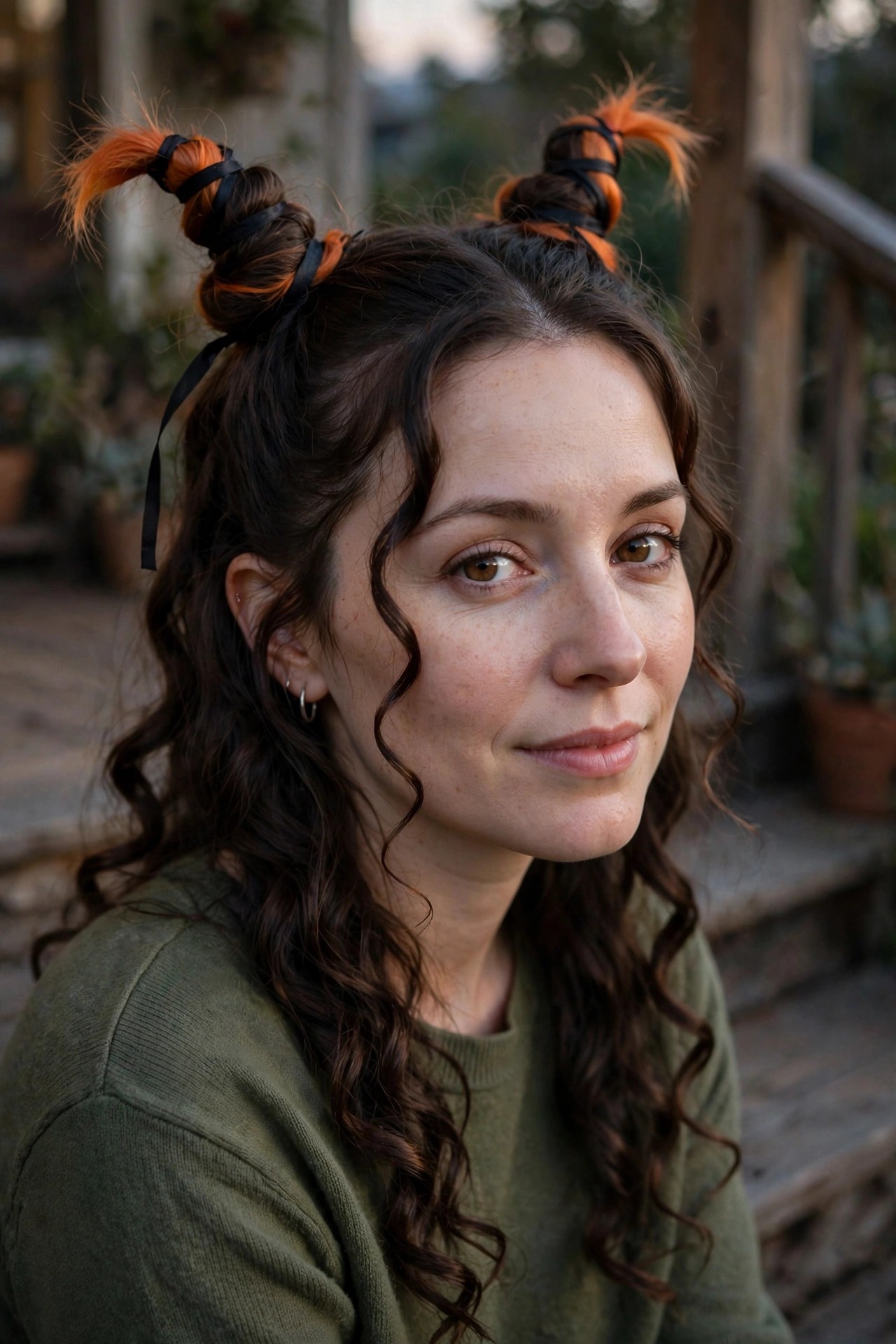 Woman with curly dark brown hair styled in two high buns, orange color at the tips of the buns, black ribbons wrapped around each bun, loose curls framing the face.