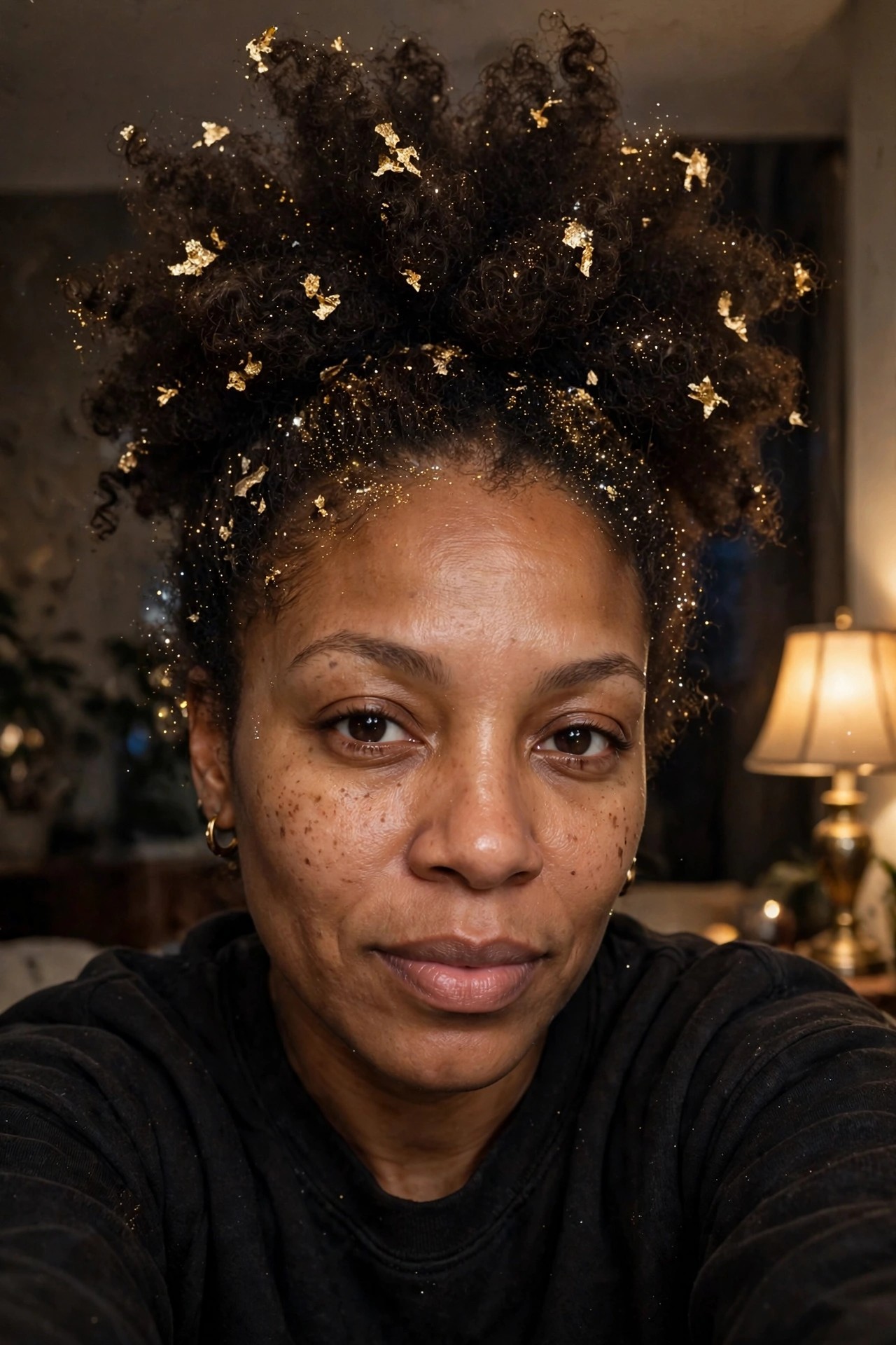 High curly updo adorned with scattered gold foil leaves and glitter on dark textured hair.
