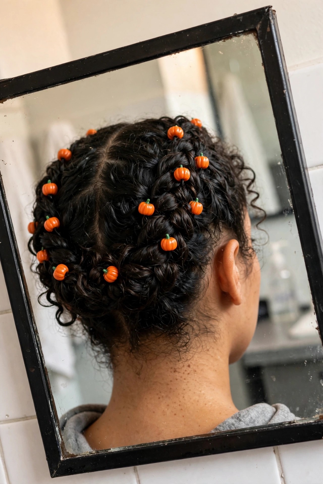 Back view of dark curly hair styled in multiple small twisted sections and buns with small orange pumpkin accessories scattered throughout.