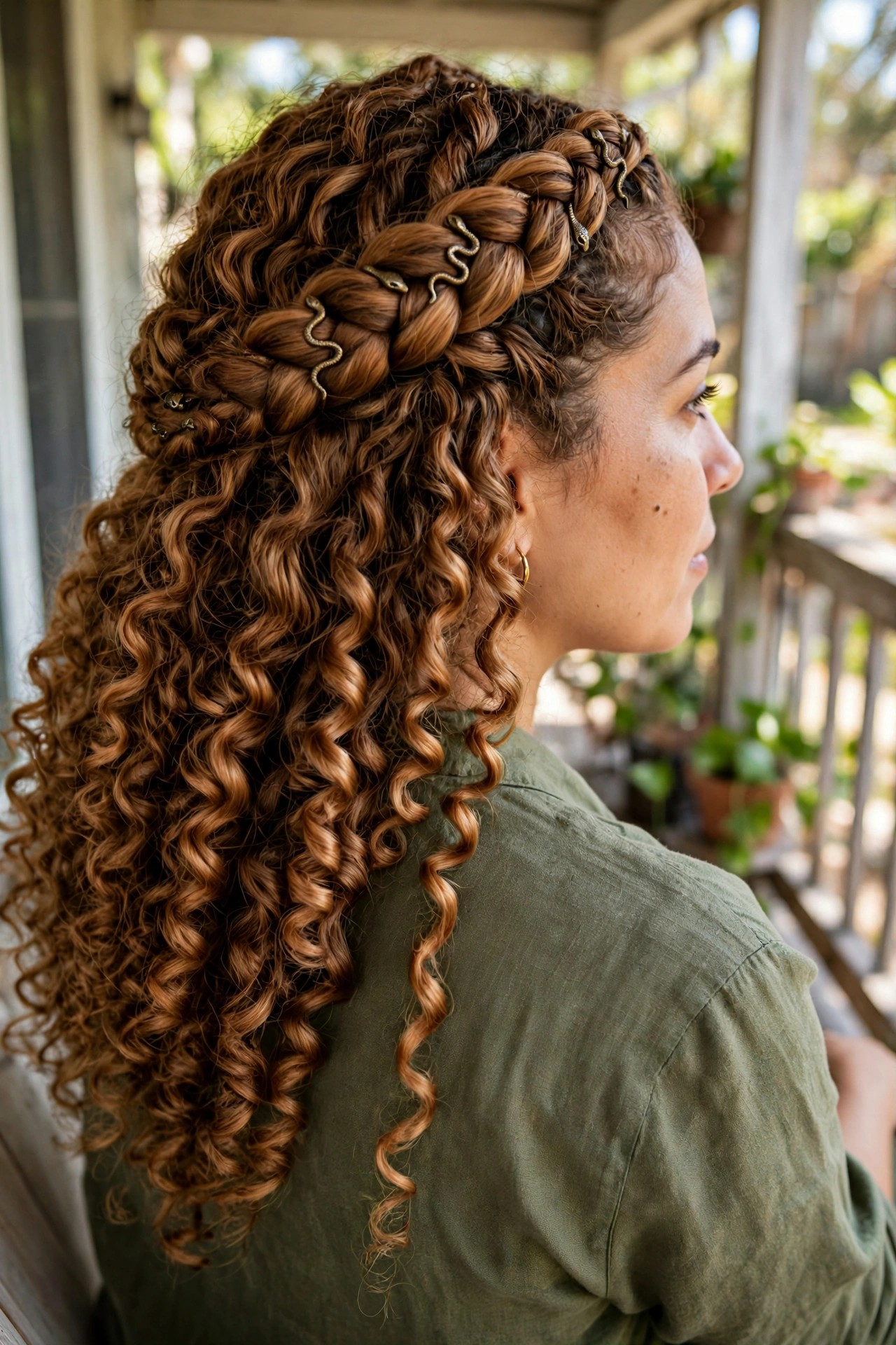 Side view of long curly brown hair styled with several thick braids across the crown, secured by small gold snake-shaped clips, with the remaining hair falling in loose curls down the back.