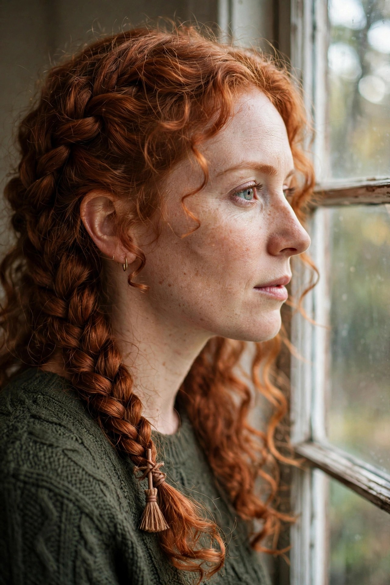 Side view of long red curly hair styled in a thick side braid with a small tassel at the end, loose curls framing the face.