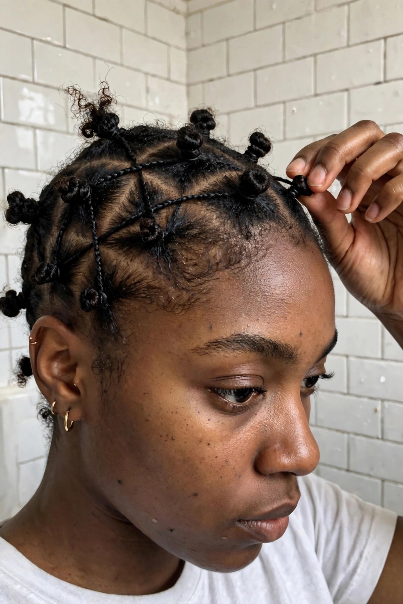 Close up of curly black hair styled in a geometric braid web with small coiled buns at the intersections on a person looking to the side.