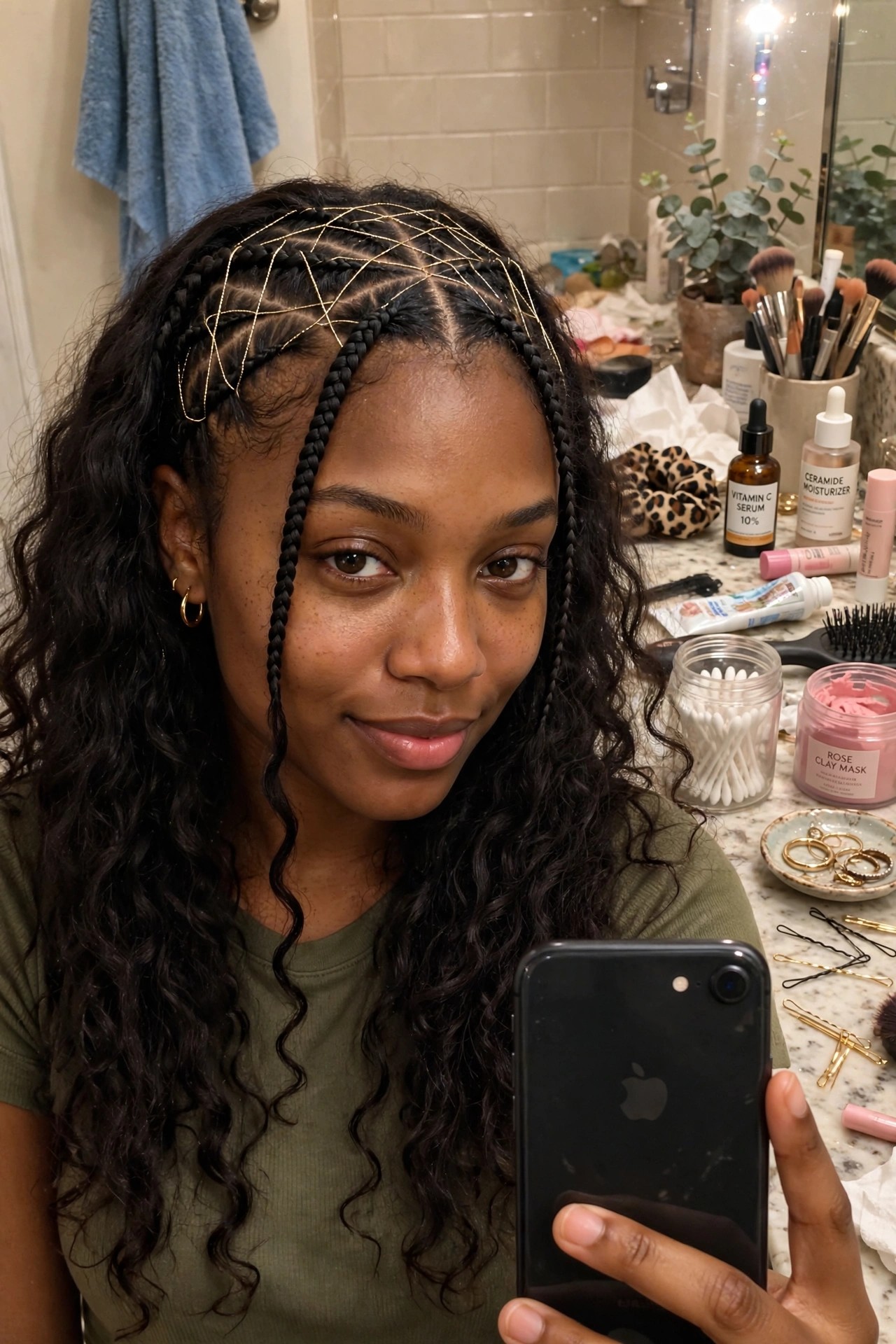 Close-up of dark curly hair with small braids across the crown forming a geometric pattern held by thin gold thread in a web shape, loose curls falling around the shoulders.