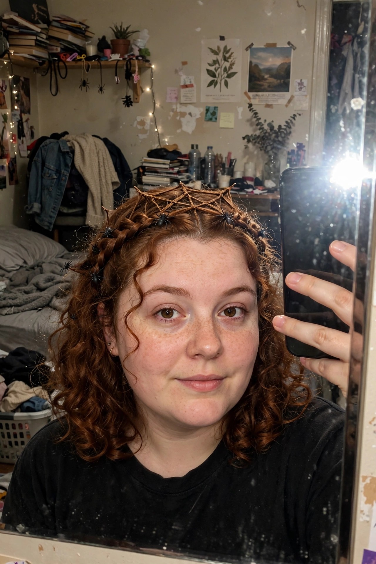 Curly red hair styled in two braids that meet at the crown with a twig spiderweb structure placed over the part and small black spiders attached along the braids.