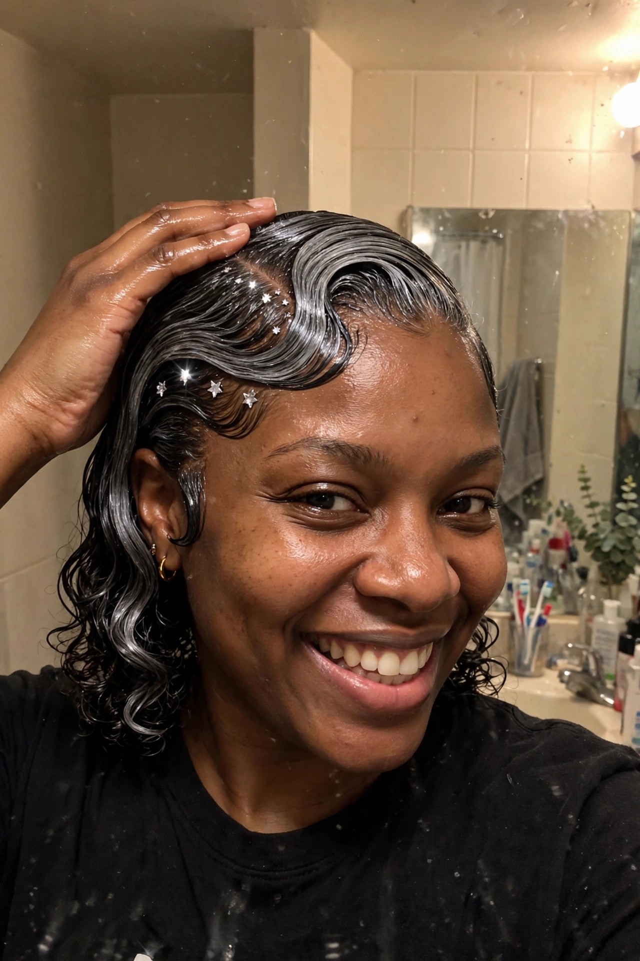 Woman with curly hair styled in a side part with small star clips along the part line and defined waves on top.
