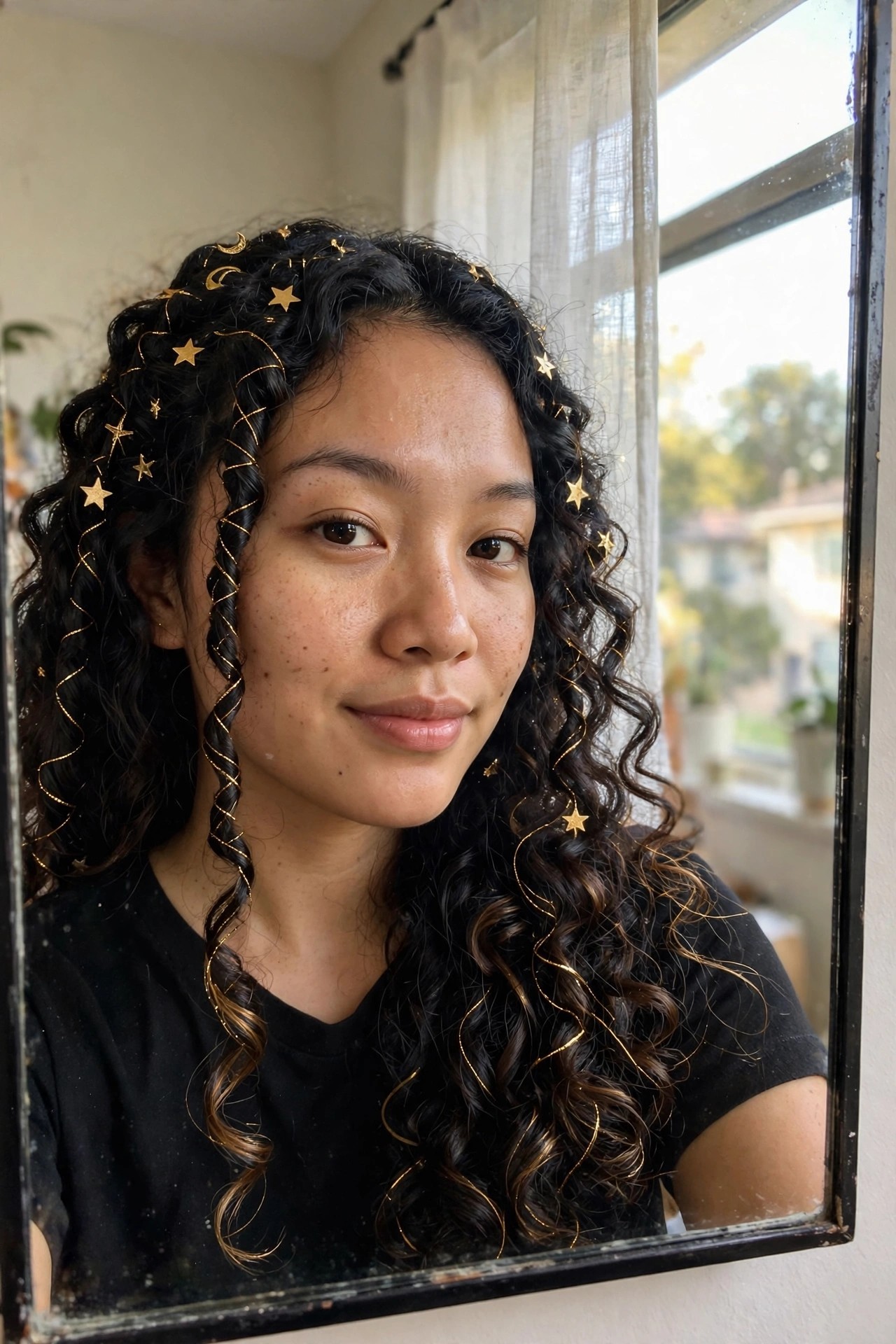 Woman with dark curly hair wearing a side braid decorated with small gold stars and crescent moons on thin wire, with matching accessories scattered through loose curls.