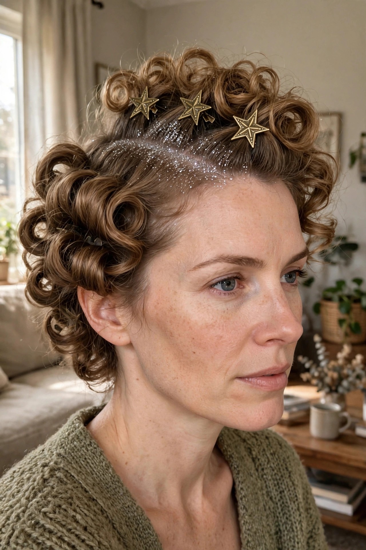 Woman with curly brown hair styled in a high updo, secured with gold star clips and silver glitter along the part.
