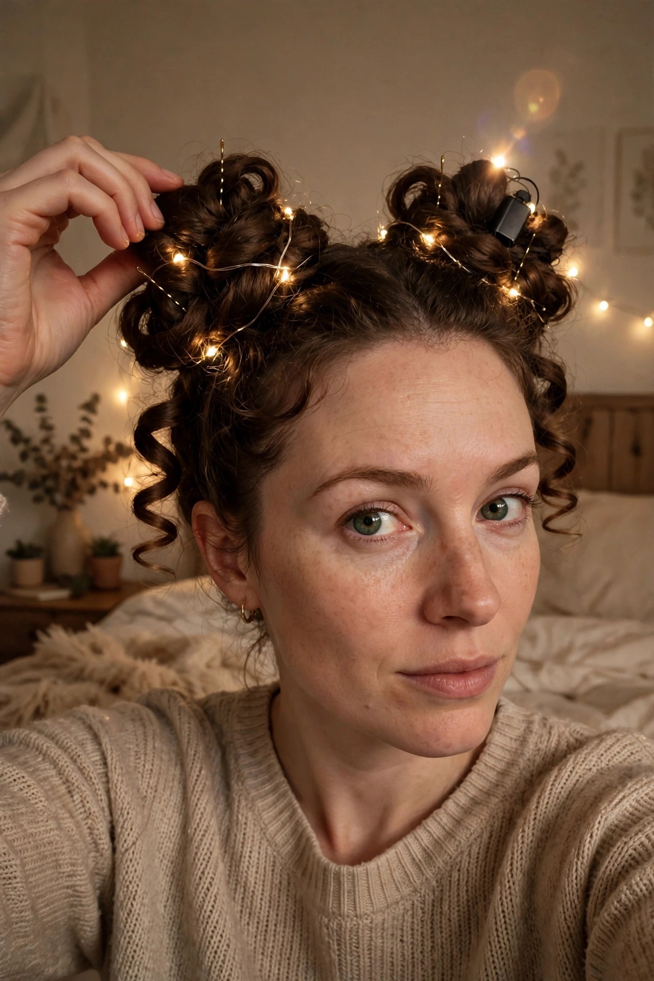 Curly brown hair styled in two high buns with warm string lights woven through the curls.
