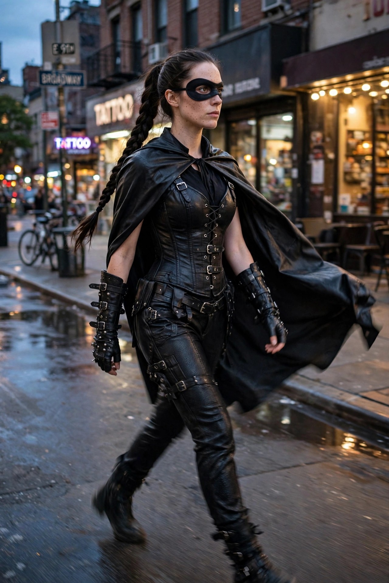 Woman wearing a black leather corset with cape, eye mask, gauntlets, utility belt, and leather pants in a full body vigilante style costume.