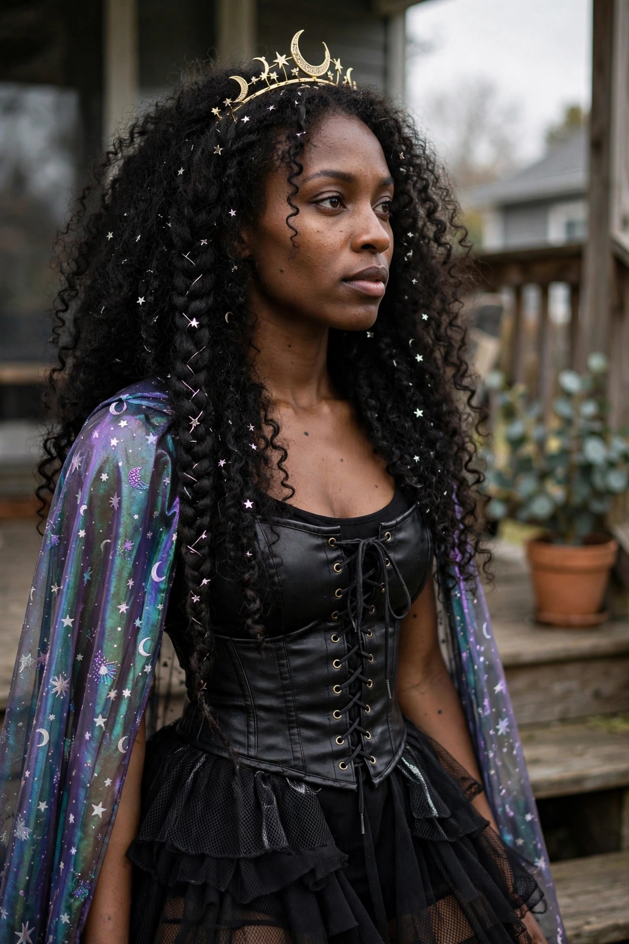 Woman wearing a black corset with front lacing, a sheer purple and teal cape printed with moons and stars, a gold crown of crescent moons and stars, and long curly hair decorated with star clips.