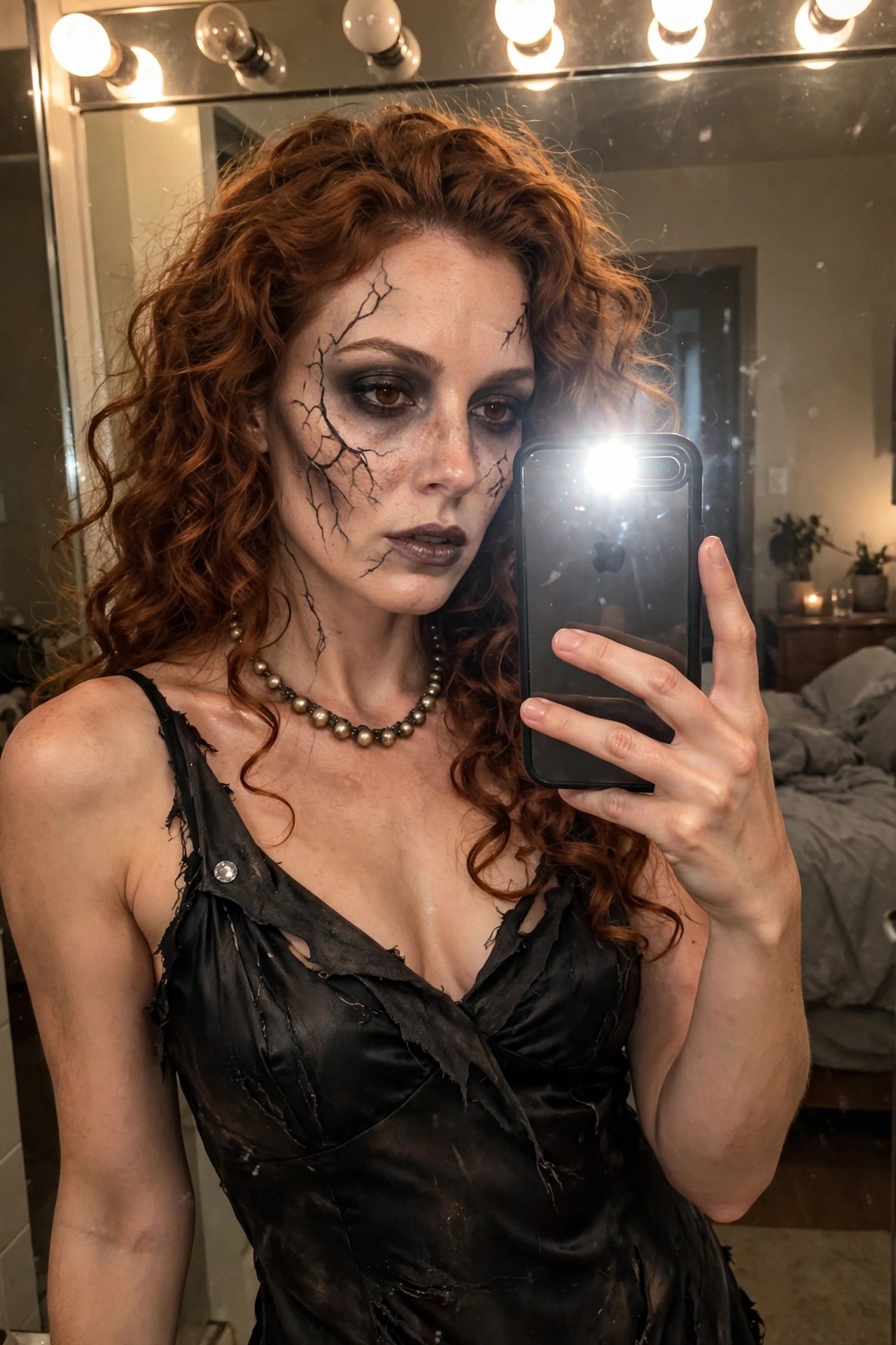 Woman wearing a torn black satin dress with cracked porcelain doll face makeup and red curly hair.