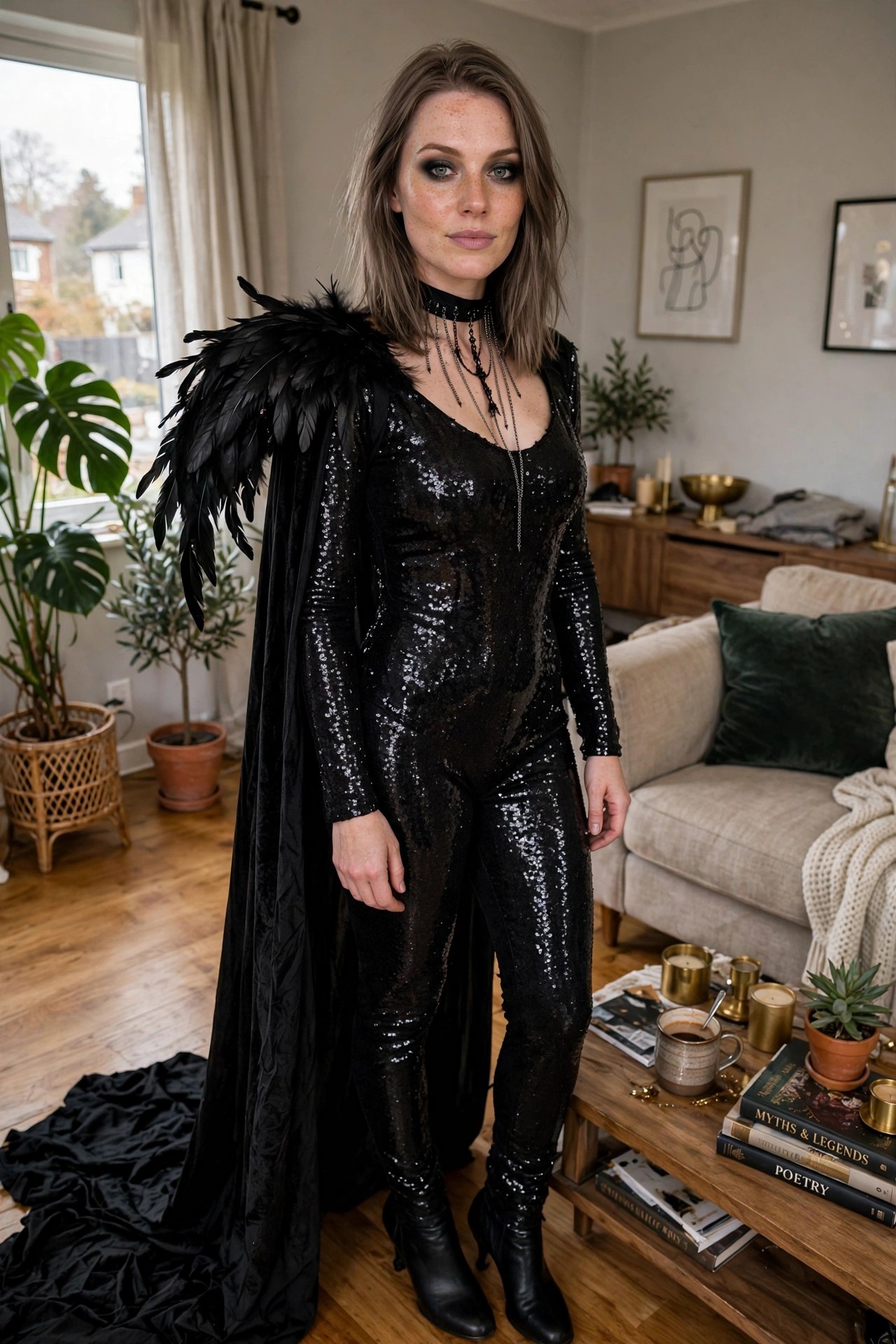 Woman wearing a black sequined jumpsuit with a long black velvet cape and large black feather wing detail on one shoulder, plus a chain choker and black boots.