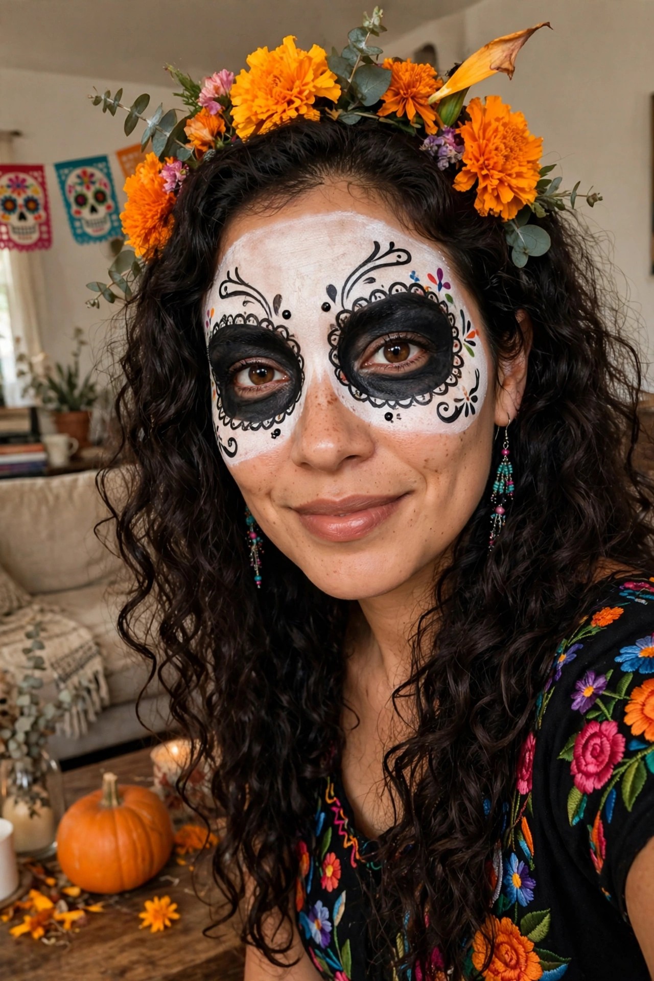 Woman wearing Day of the Dead sugar skull face paint with white base black eye designs and colorful accents plus an orange marigold flower crown and black floral embroidered top.