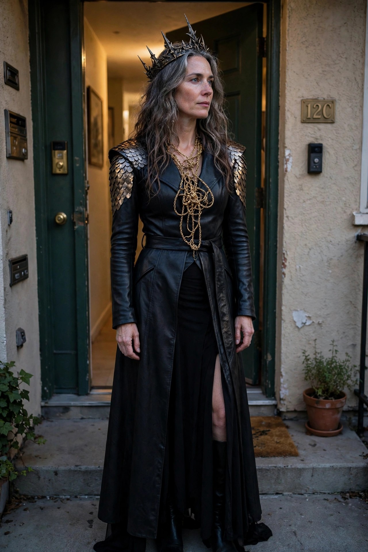 Woman wearing a long black coat with metallic scale shoulder armor, a spiked crown, and tangled gold chains as a necklace.