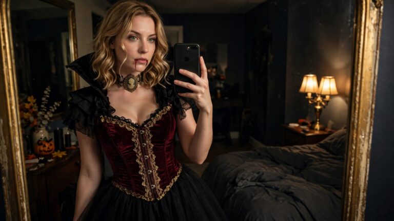 23+ Hot Halloween Costume Ideas for Women Who Want to Turn Heads Woman wearing a red velvet corset with gold embroidery, black cape, sheer black tulle skirt, and cameo choker while holding a phone for a mirror selfie, with fake blood near her mouth.