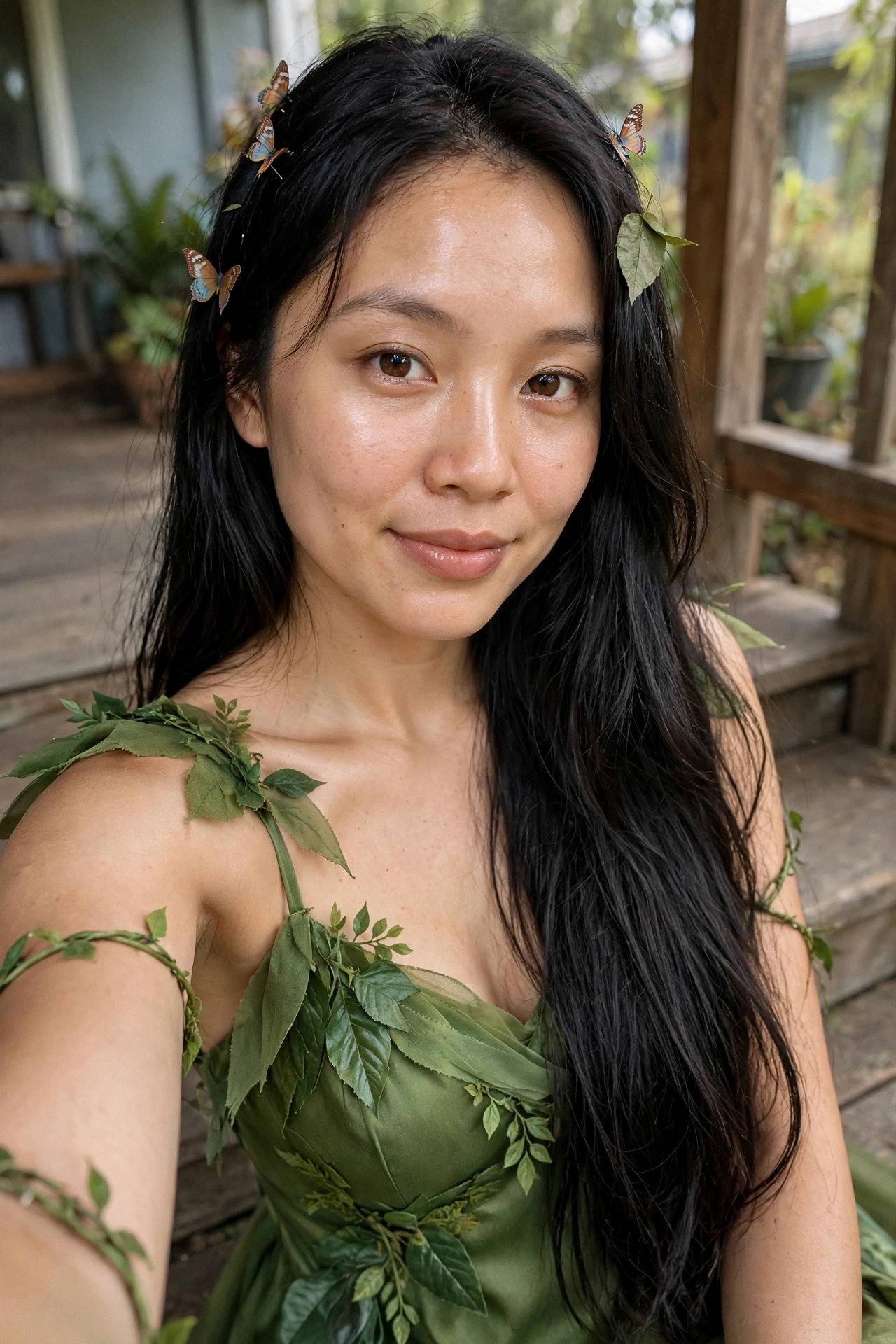 Woman wearing a green satin dress covered in layered artificial leaves and vines with small butterflies clipped into long dark hair.