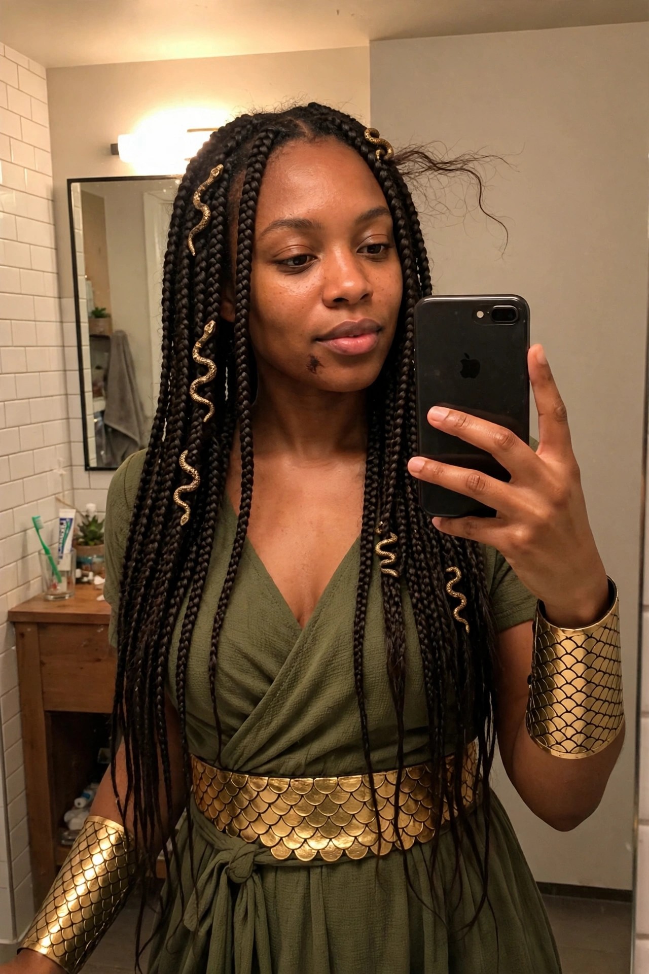 Woman wearing a green wrap dress with gold scale belt and cuffs, long black braids with gold snake clips, and matching scale armbands as a Medusa costume.