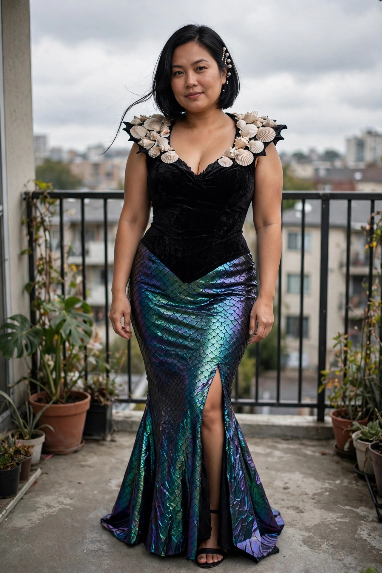 Woman wearing a black velvet corset top with seashell shoulder accents and an iridescent scale-patterned mermaid skirt with a front slit.