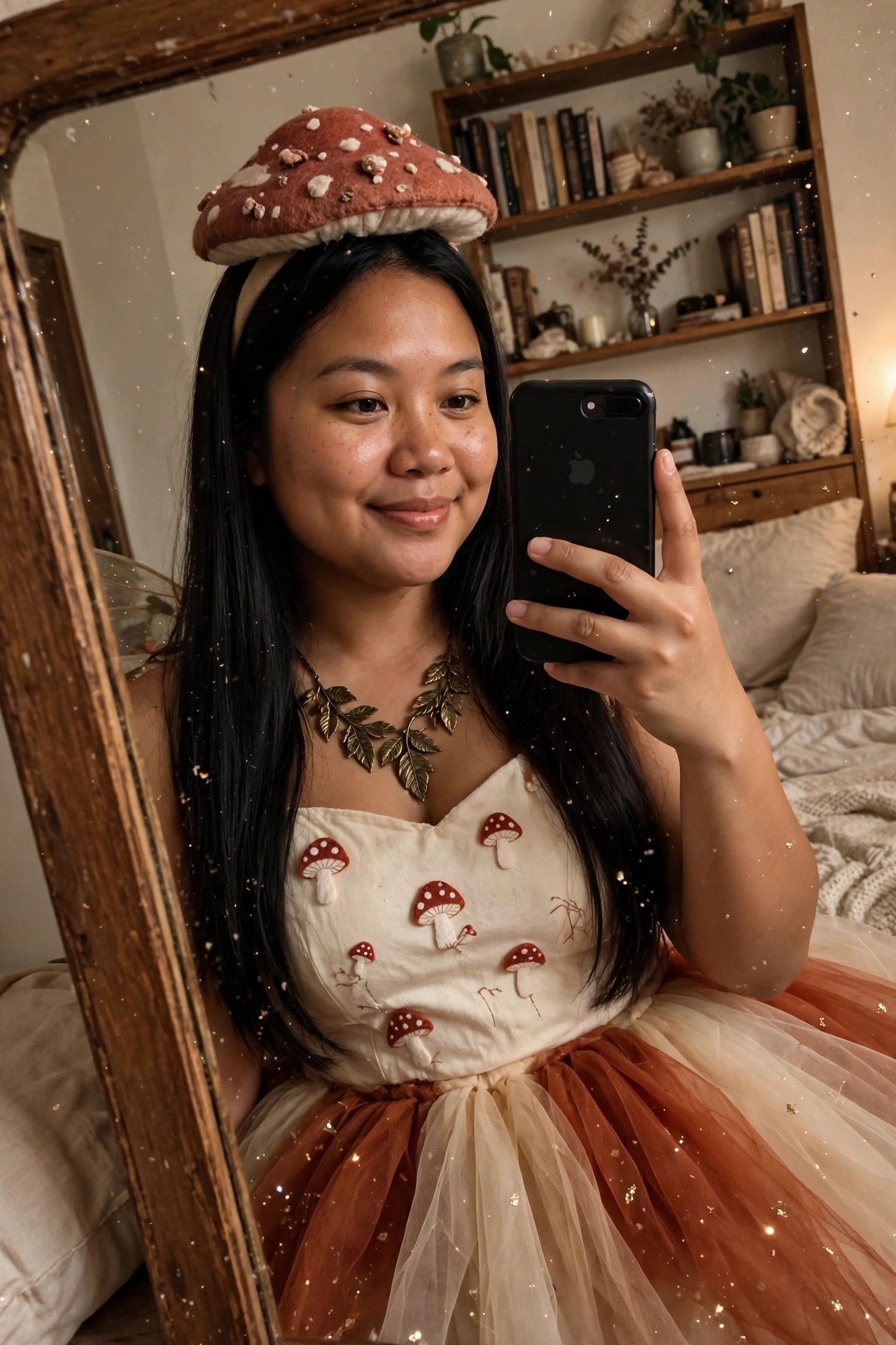 Woman wearing a mushroom fairy costume with a red-brown spotted mushroom hat, cream top covered in mushroom patches, layered brown and beige tulle skirt, and gold leaf necklace.